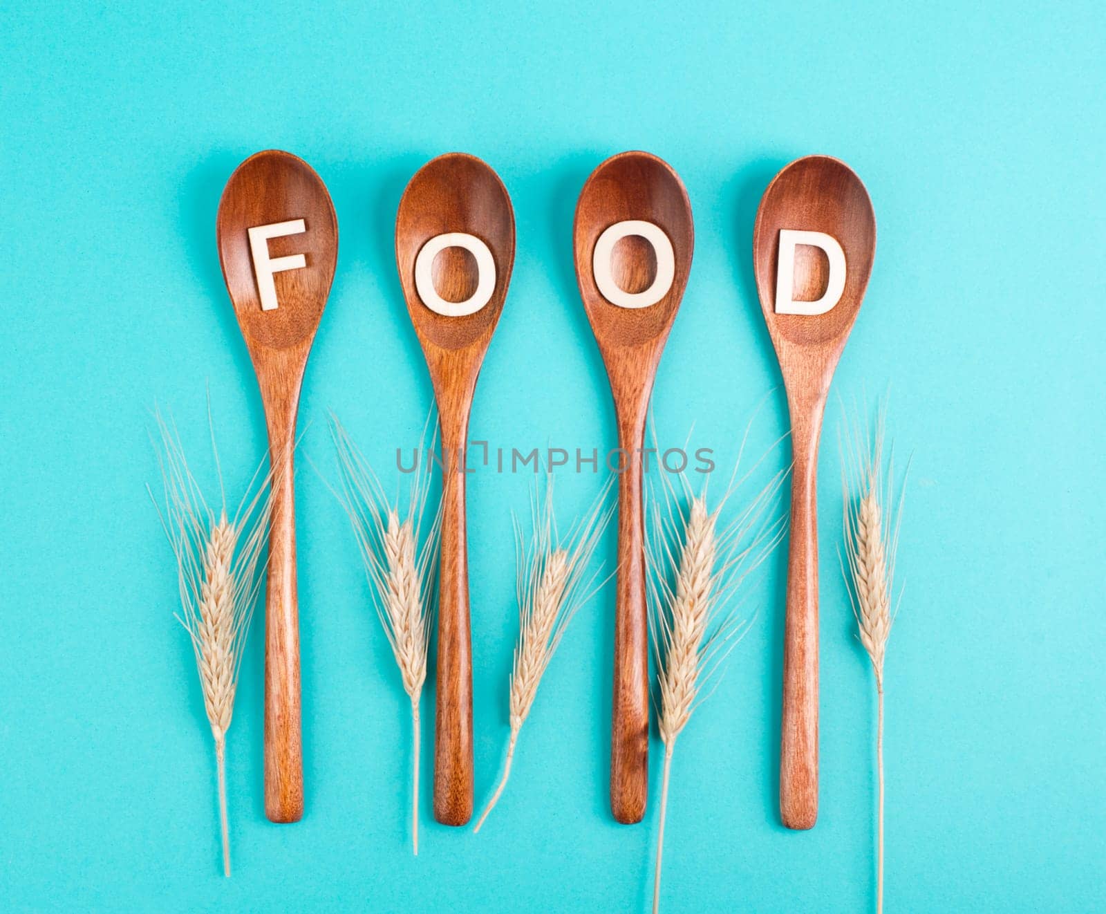 Wooden spoons with the word food and wheat ears, prices increase, crisis and shortages, supply chain problems