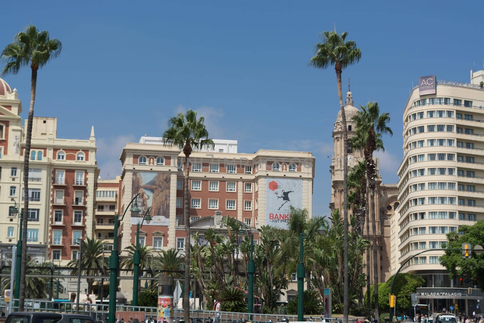 MALAGA, COSTA DEL SOL, SPAIN - AUGUST 29, 2019:.Fountain and Plaza de la Marina, Málaga, Andalusia, Spain, Europe