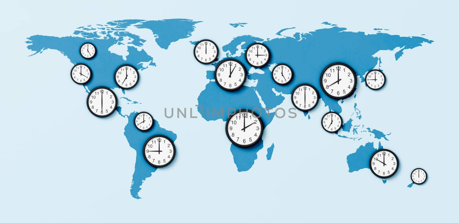 Blue World Map with Clocks 3D Render Illustration, Time Zones Concept