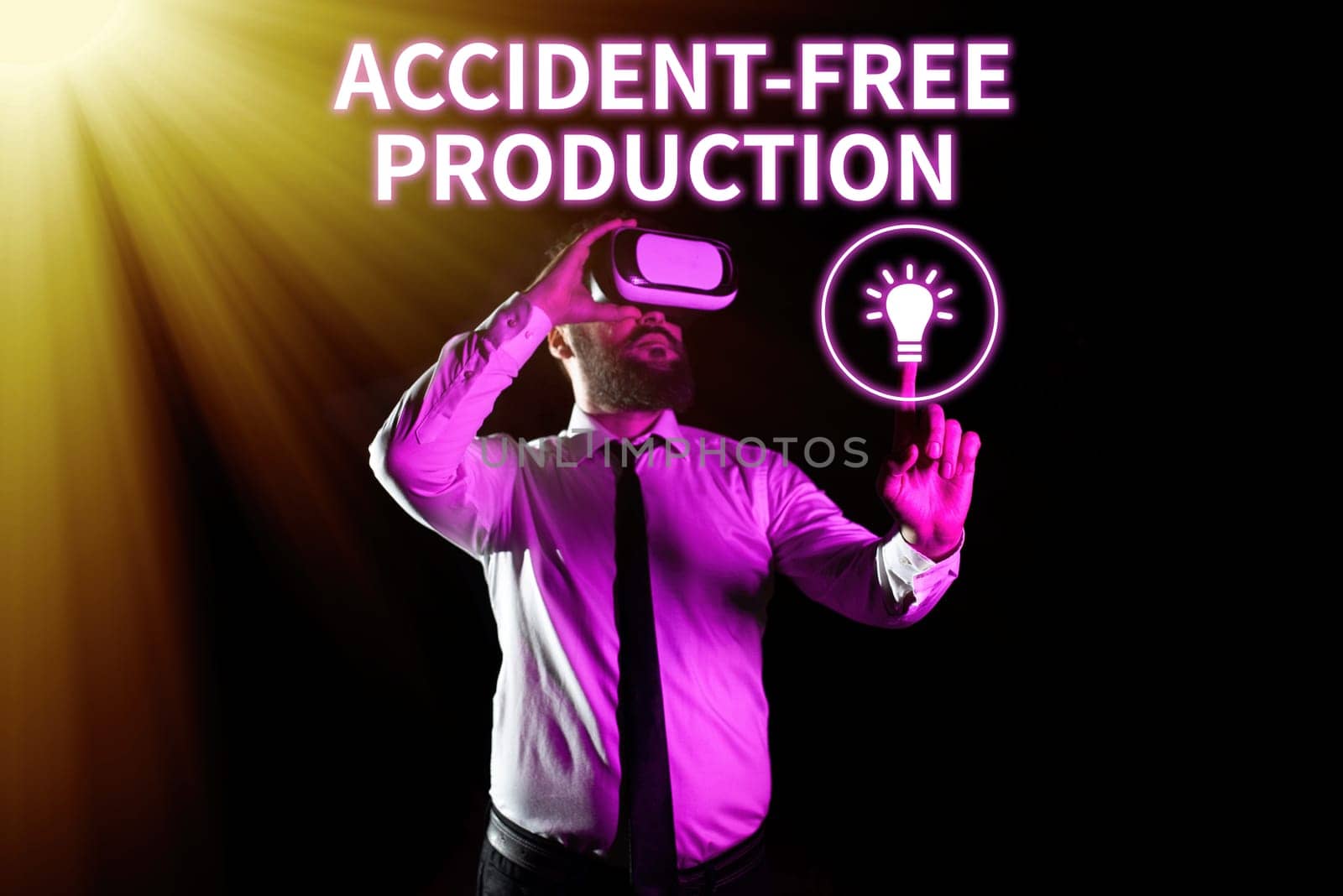 Hand writing sign Accident Free Production, Word for Productivity without injured workers no incidents Businessman Pointing At Glass And Showing New Ideas To Achieve Goals.