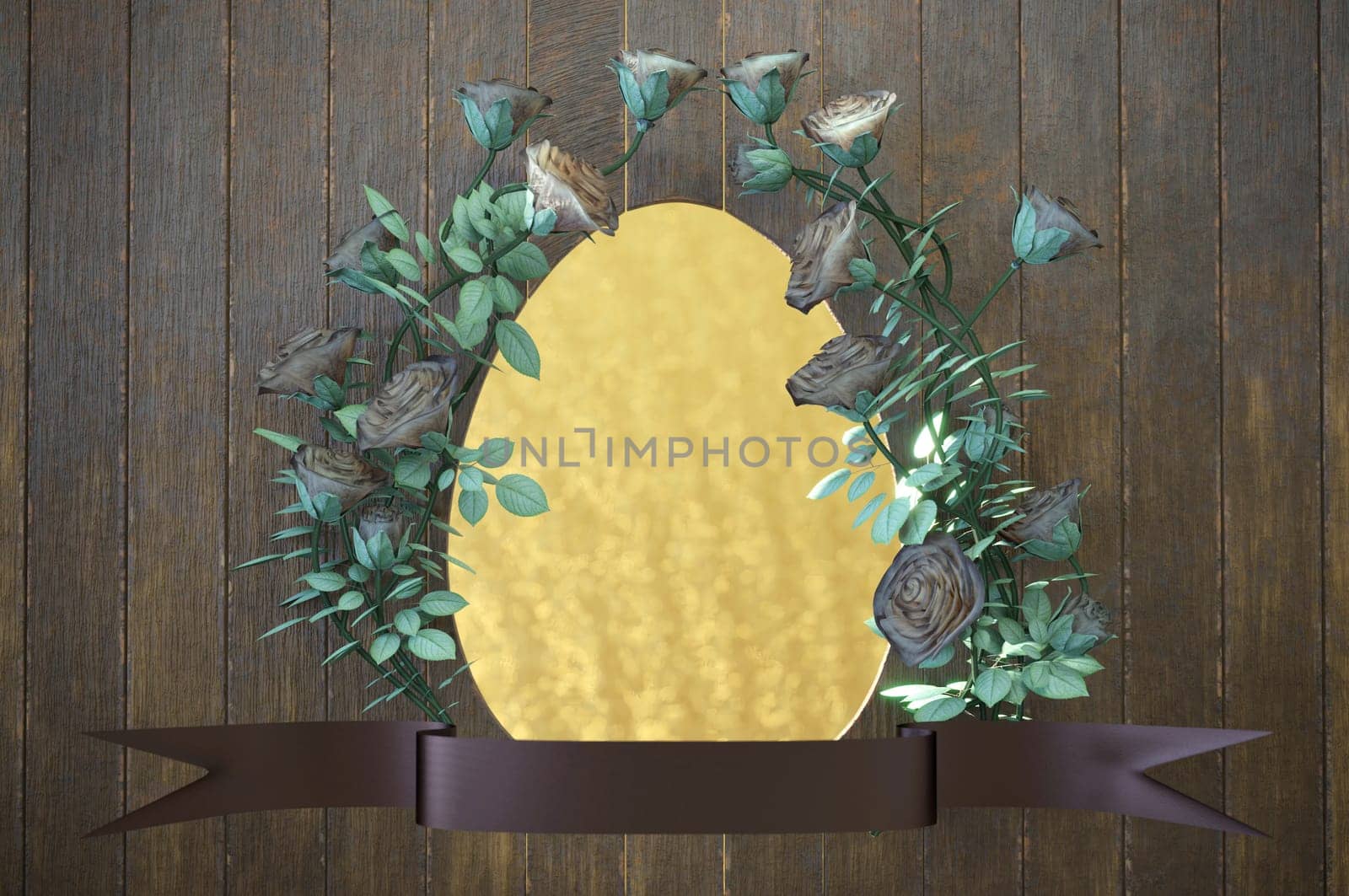 3D Illustration. 3D Rendering , Abstract 3d gold curved ribbon on rose gold background with lighting effect with copy space for text. Luxury frame design style.  Concept Halloween