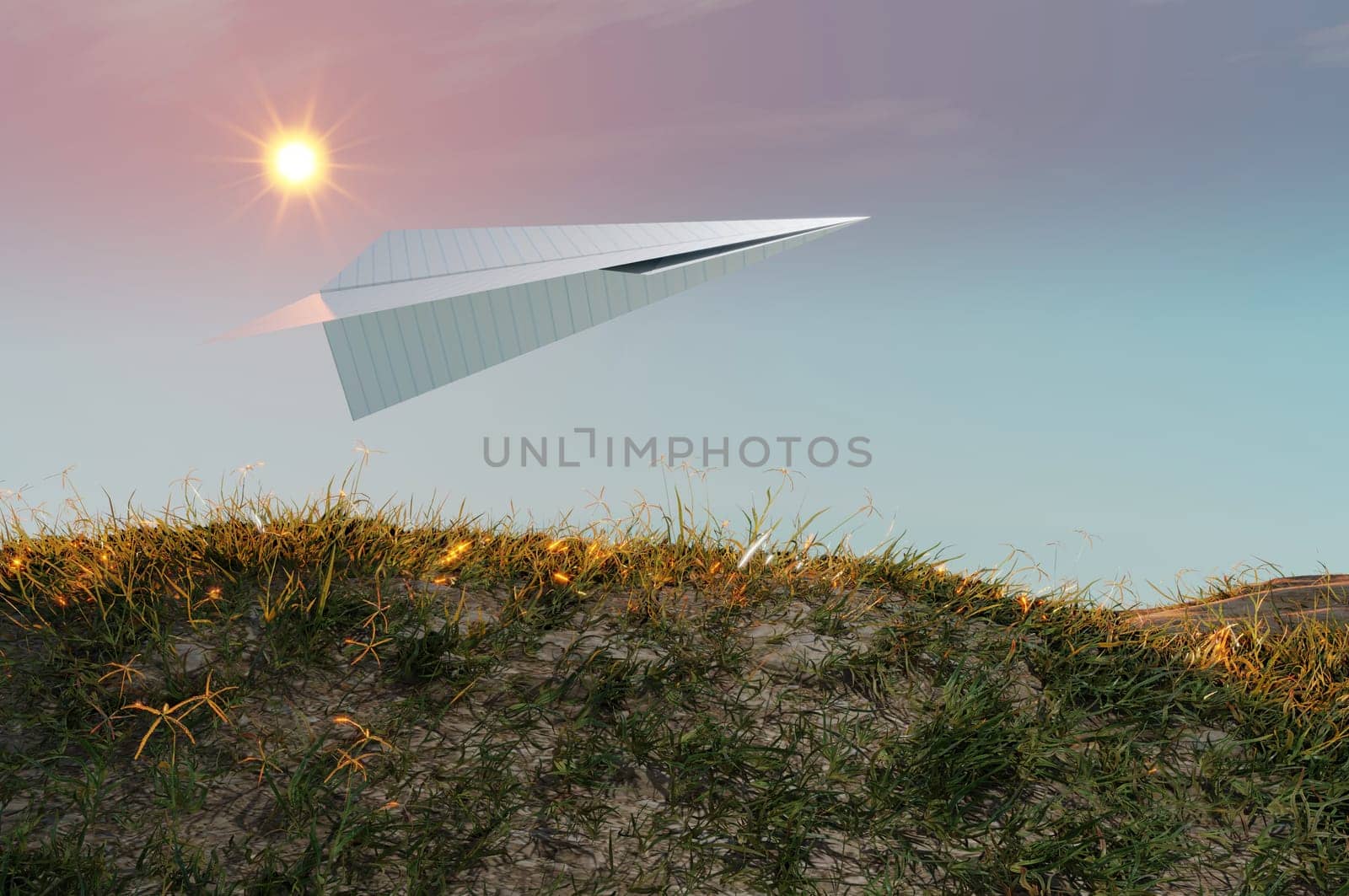 3D Illustration. 3D Rendering , Concept of business success  to the target , startup , creative idea . Paper plane white flying on sky between cloud. beautiful natural landscape.