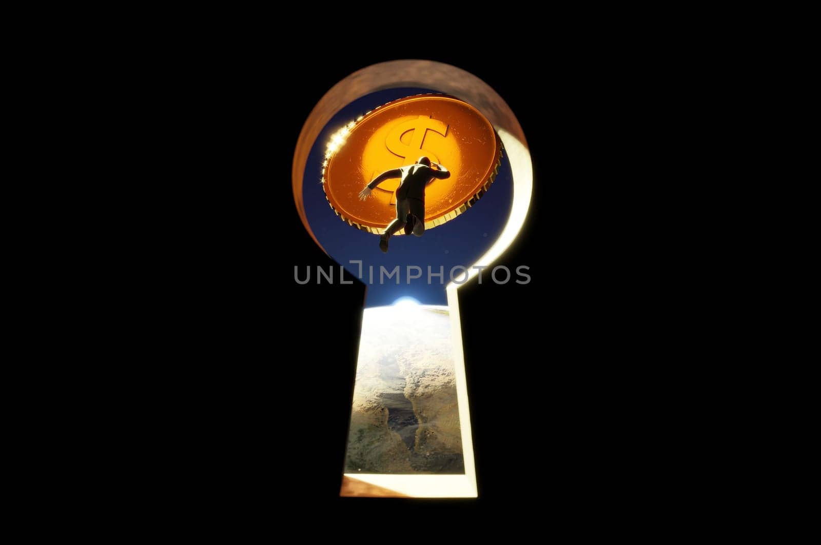 3D Illustration. 3D Rendering , Businessman jumping on keyhole into target gold coin-Business concept