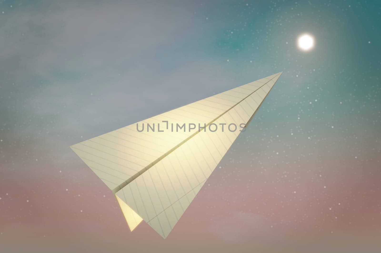 3D Illustration. 3D Rendering , Concept of business success  to the target , startup , creative idea . Paper plane white flying on sky between cloud. beautiful natural landscape.