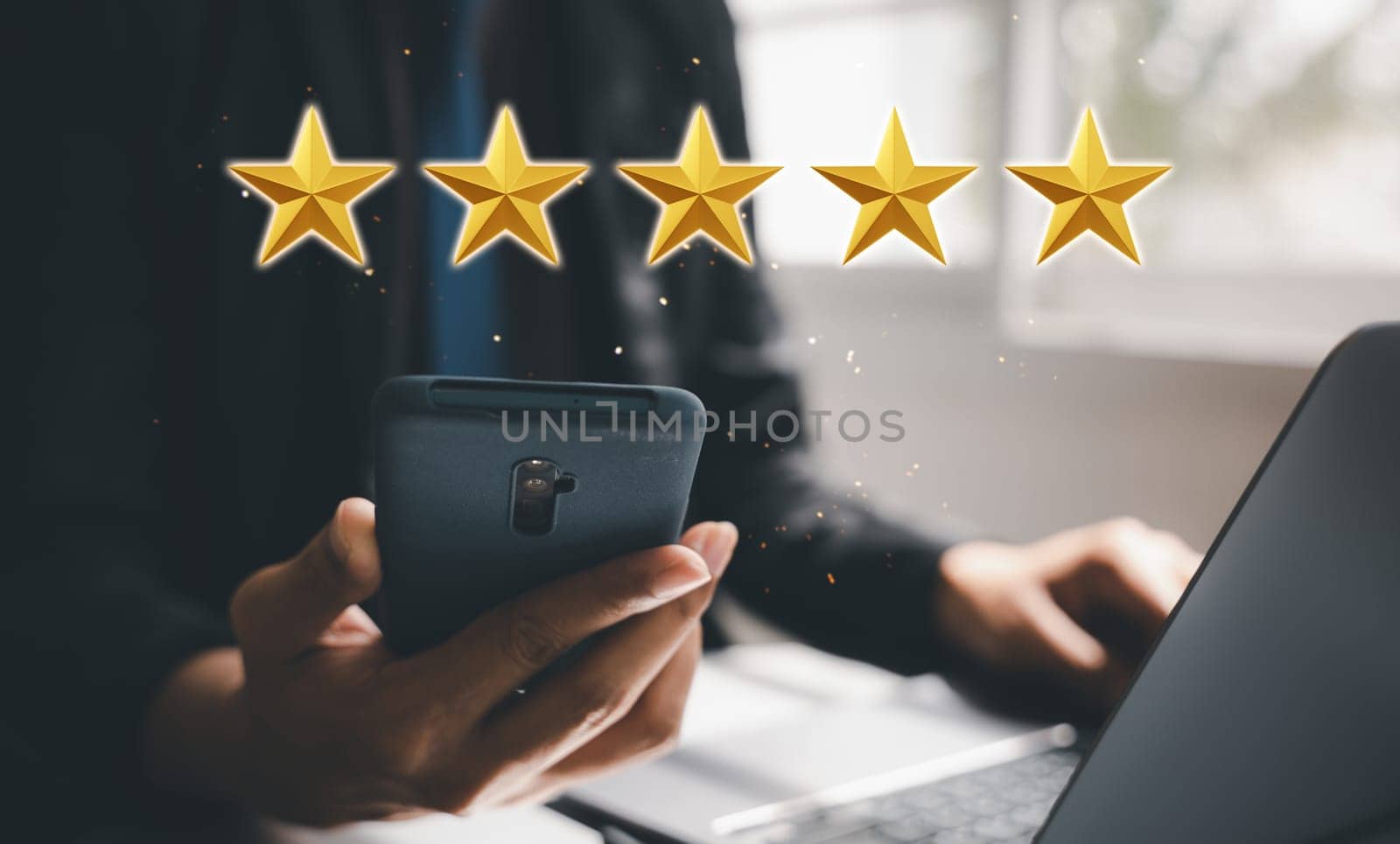 Close up man working with laptop computer and using smart mobile phone to feedback five star 3D icon, business man review satisfaction service giving 5 stars rating review, Customer client experience
