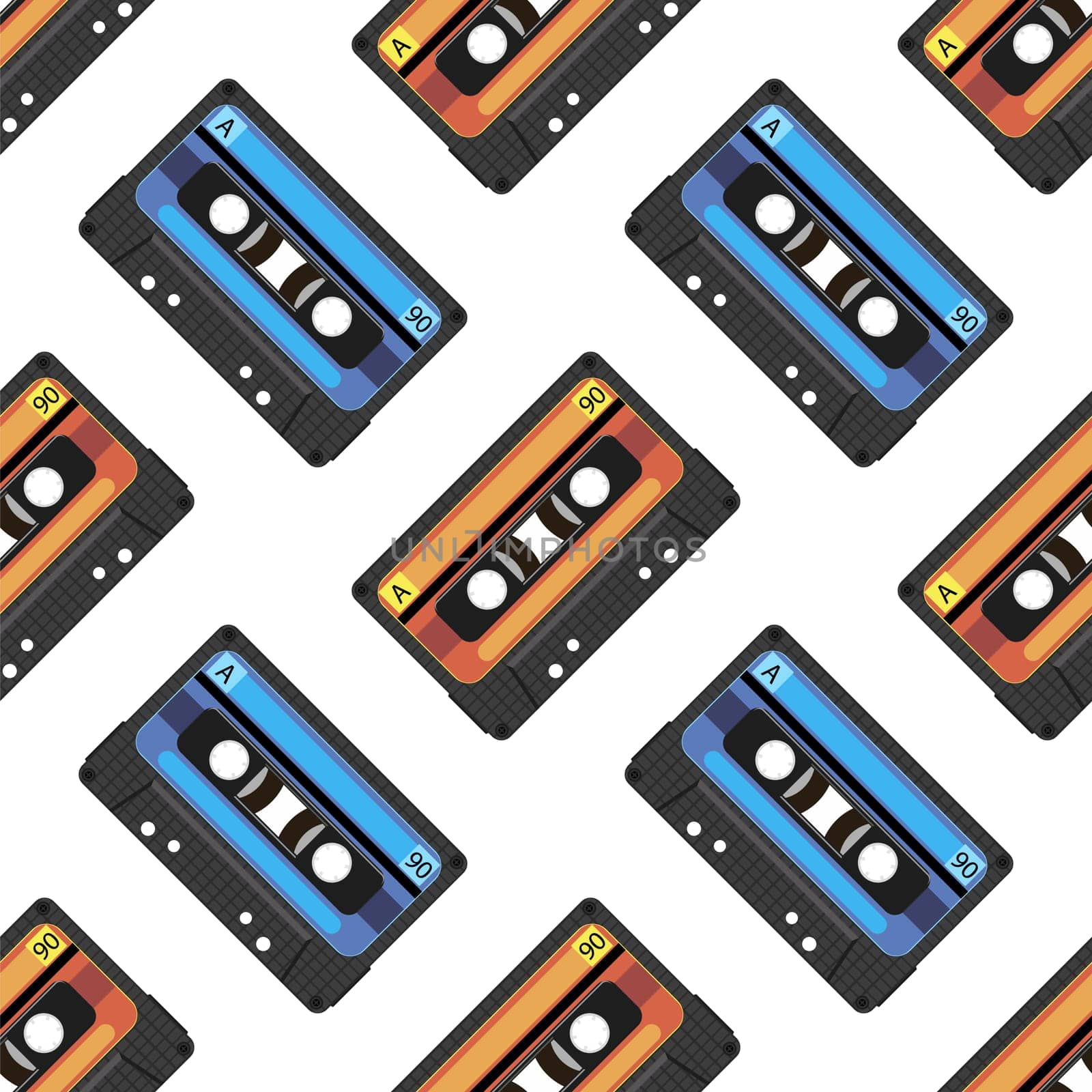 VIntage video tape or music cassette icon flat illustration isolated on white. Seamless pattern.