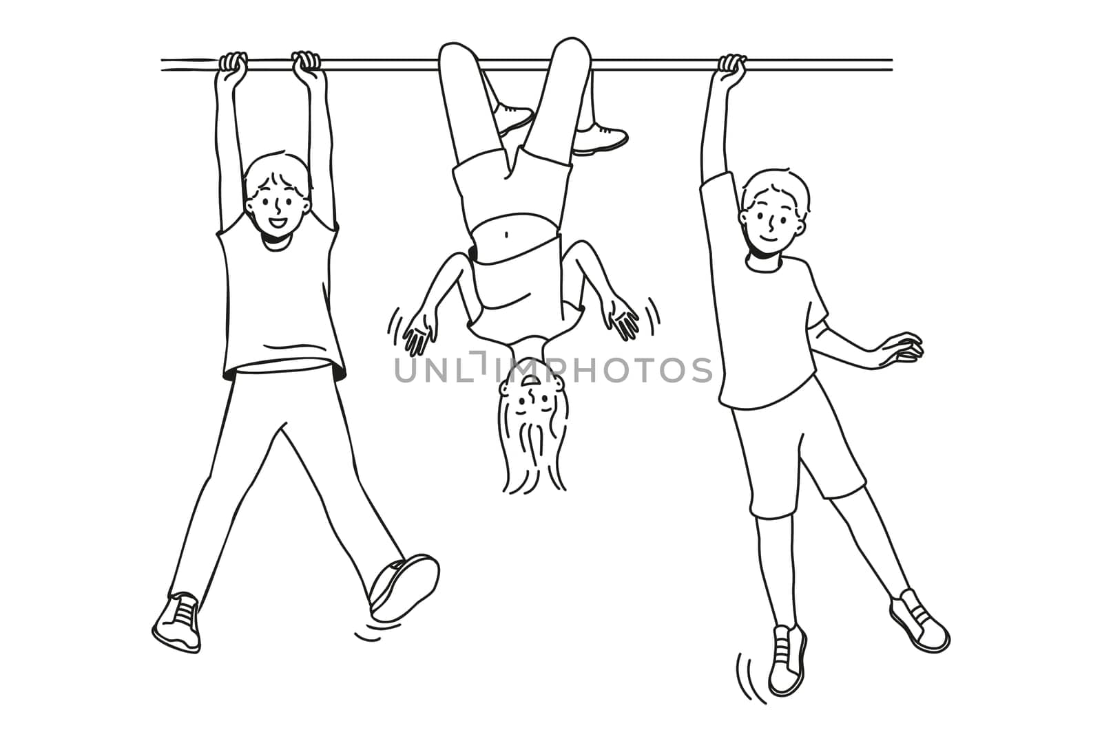 Happy small children have fun playing together outdoors. Smiling kids enjoy sportive active outdoor activity. Childhood. Vector illustration.