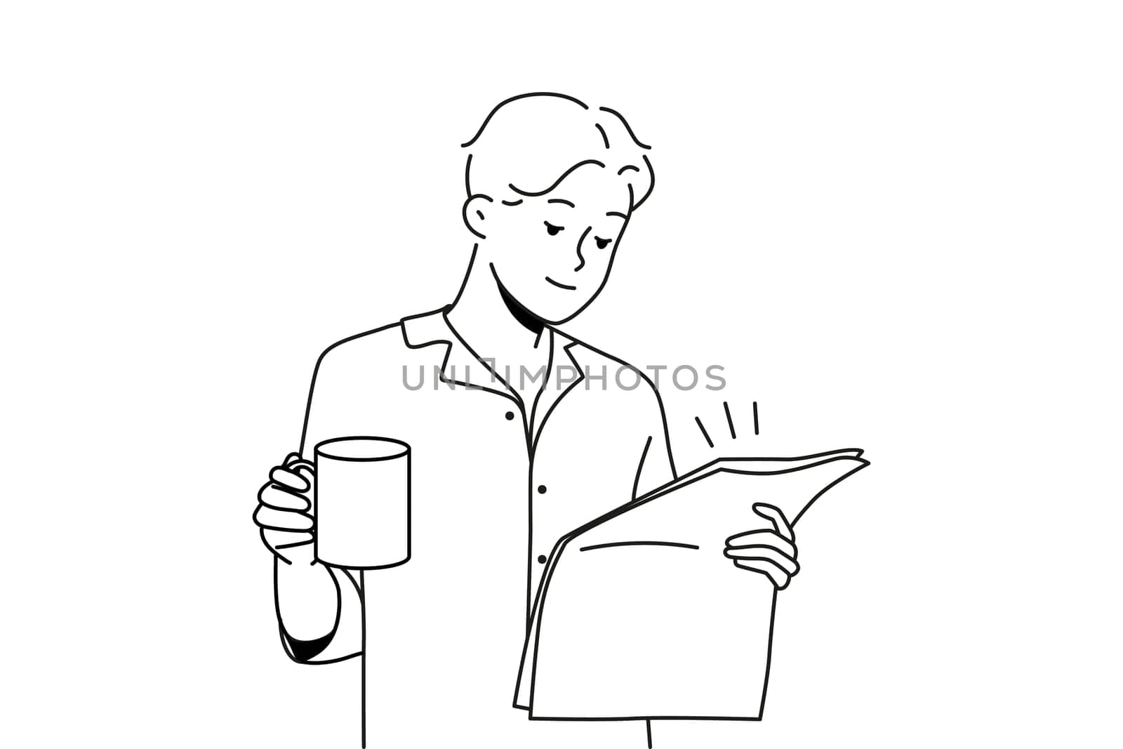 Happy young man in pyjama drinking coffee reading newspaper. Smiling male enjoy morning at home. Daily routine. Vector illustration.