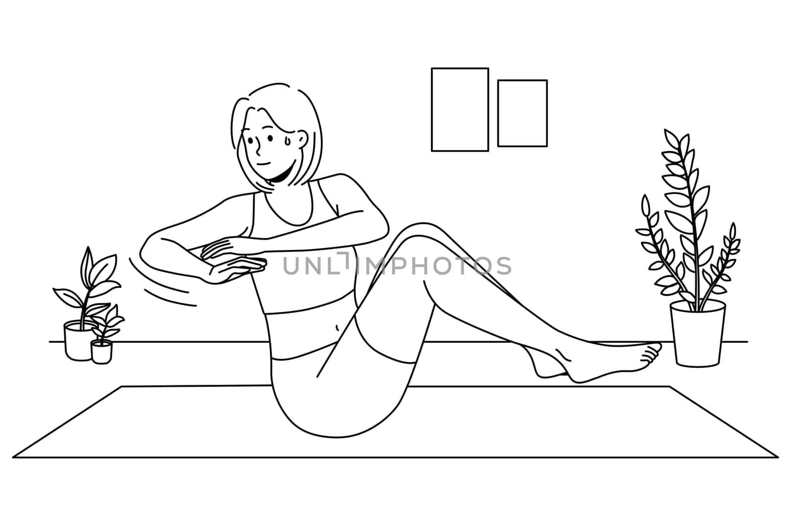 Young woman sweating doing exercises training on mat at home. Sportive motivated girl do sport workout indoors. Physical activity. Vector Illustration.