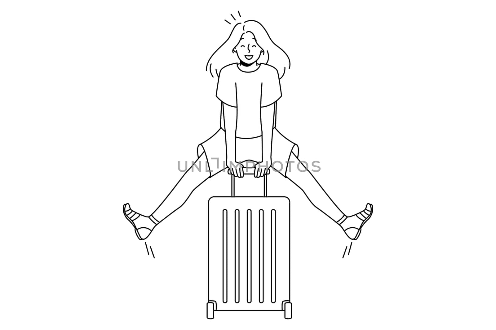 Excited young woman with suitcase feeling joyful with summer vacation. Smiling girl ready for summertime holidays. Vector illustration.
