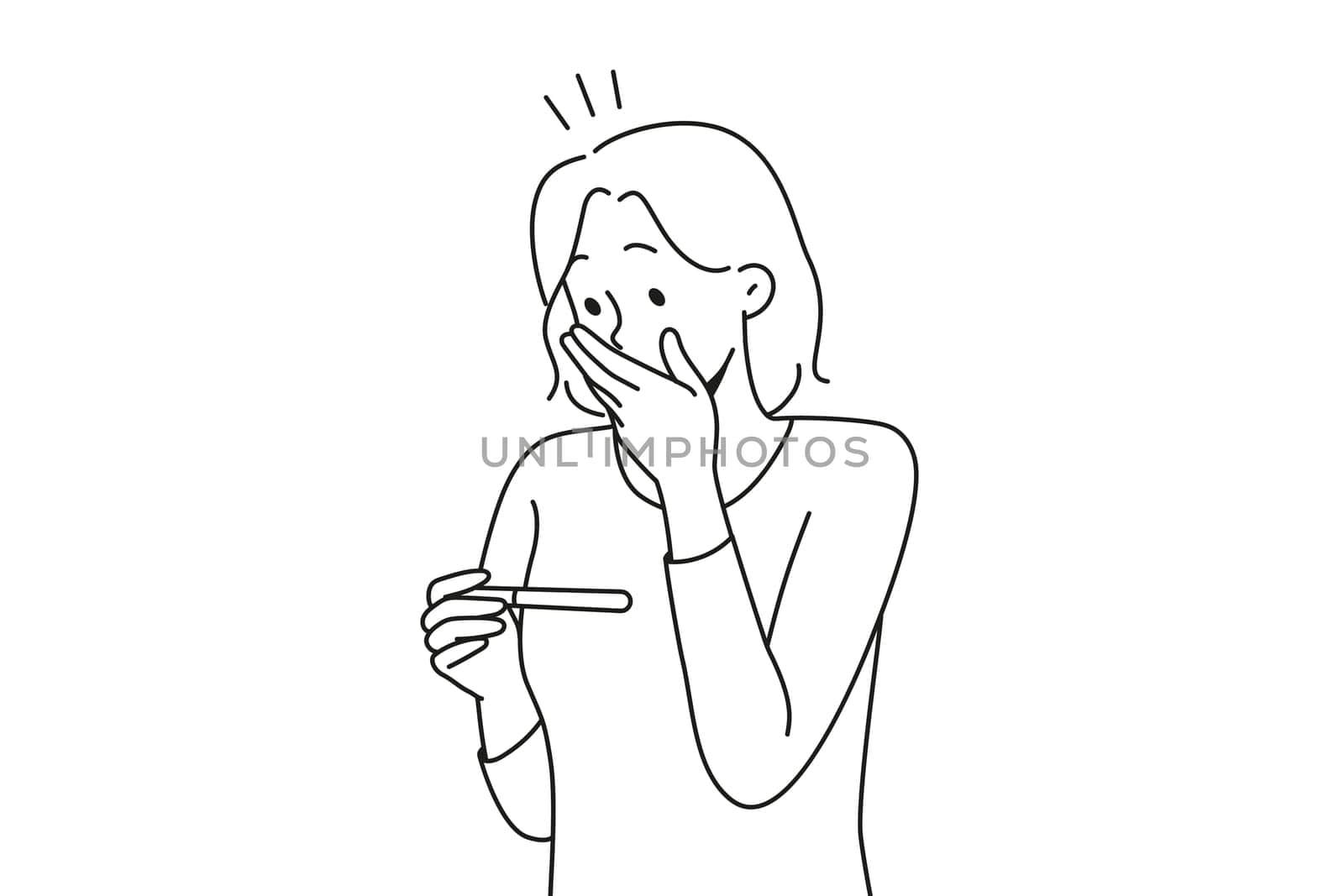 Stunned woman looking at test get to know about pregnancy. Surprised woman shocked with pregnancy news. Vector illustration.