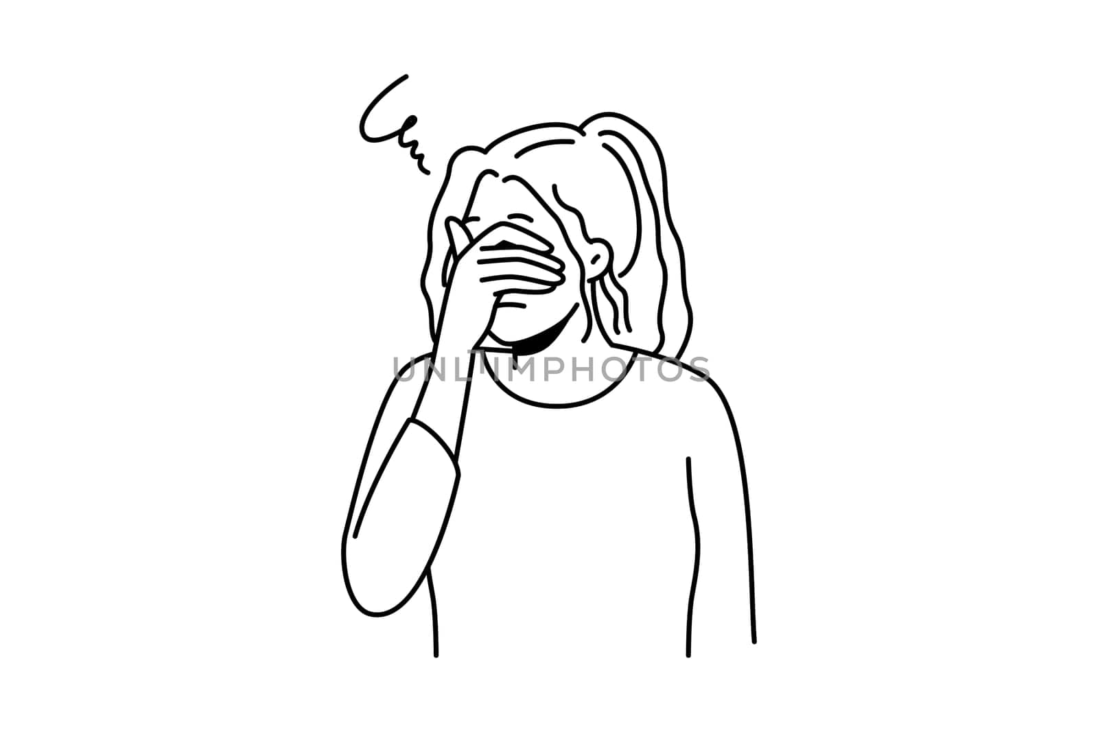 Unhappy young woman cover eyes feel depressed suffer from repetitive thoughts or overthinking. Upset girl struggle with mental or psychological problems. Vector illustration.