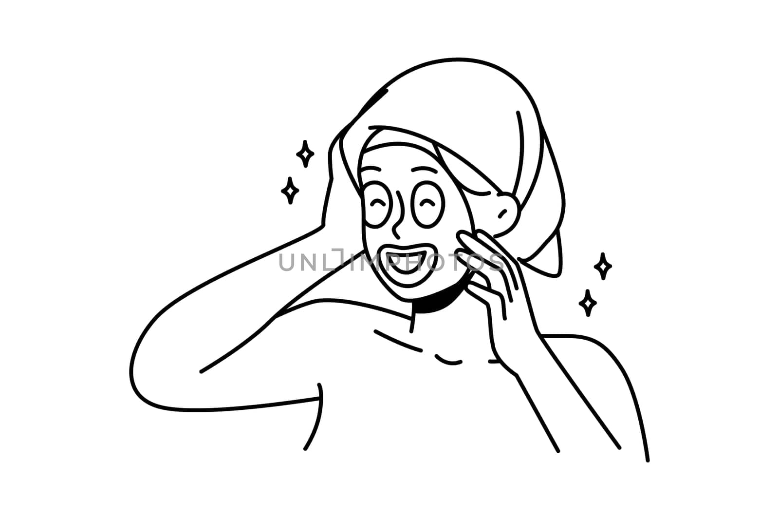 Happy young woman in towel on head and facial mask enjoy beauty procedure. Smiling girl have face skincare routine at home on spa day. Vector illustration.