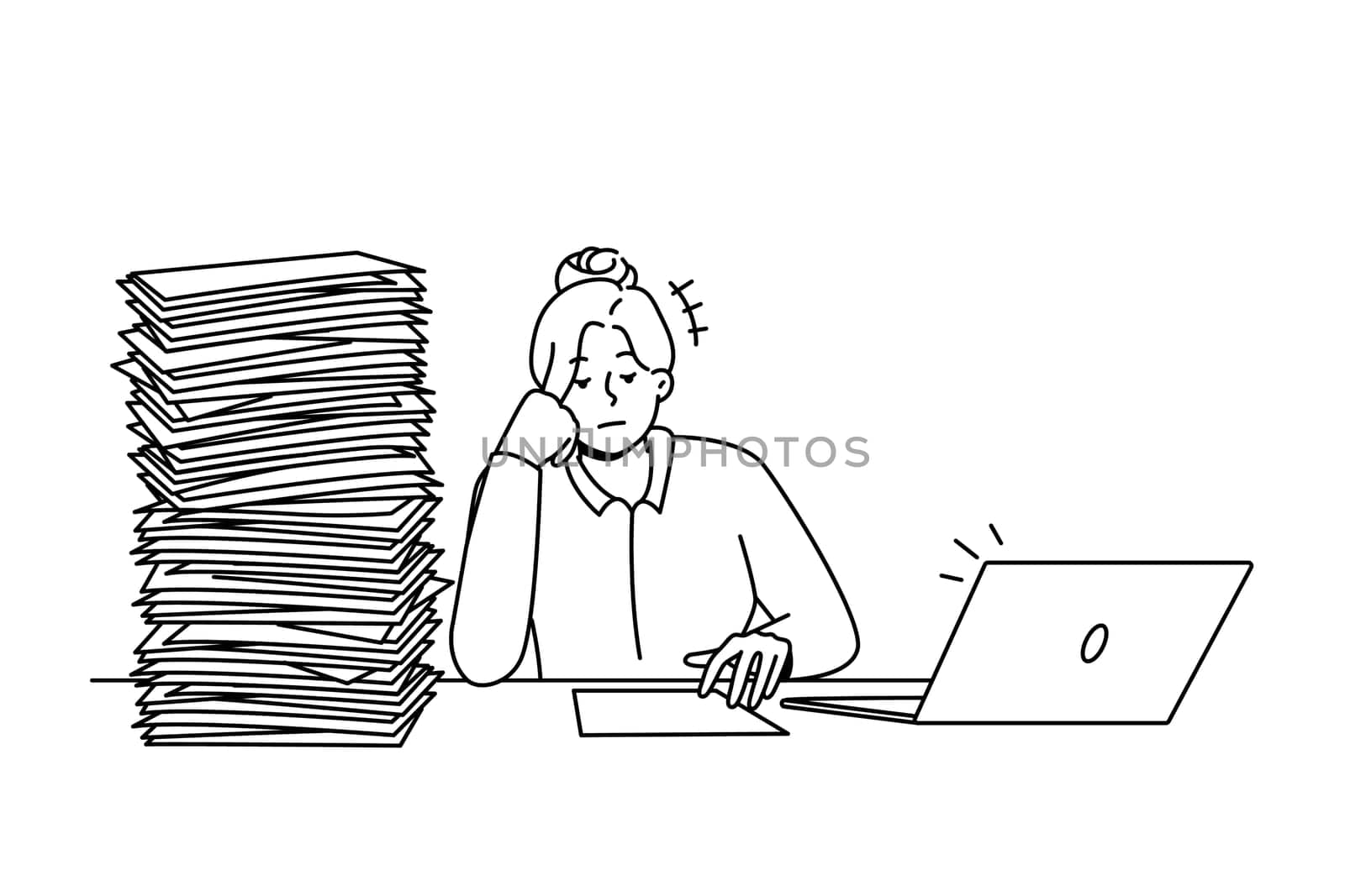 Tired unmotivated businesswoman sit at desk with pile of paperwork. Exhausted female employee overwhelmed with paper documents. Job burnout. Vector illustration.