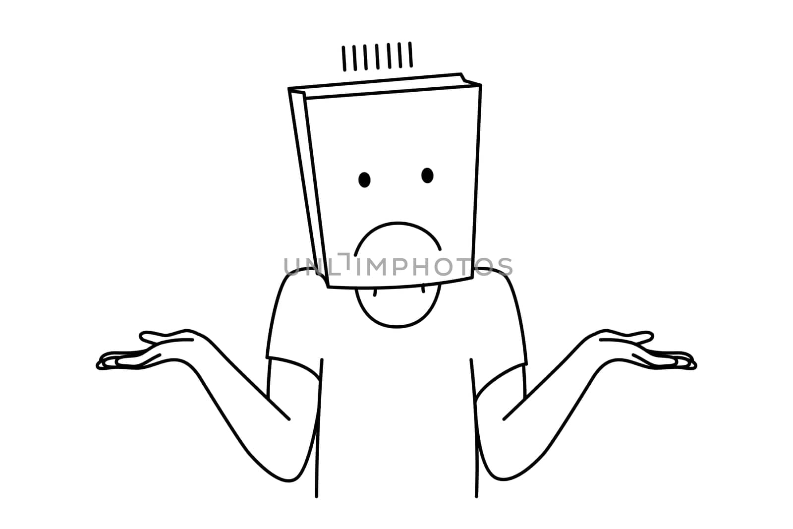 Unknown person with paper bag on hand feel confused and frustrated. Man or woman with package with face expression feeling doubts. Vector illustration.