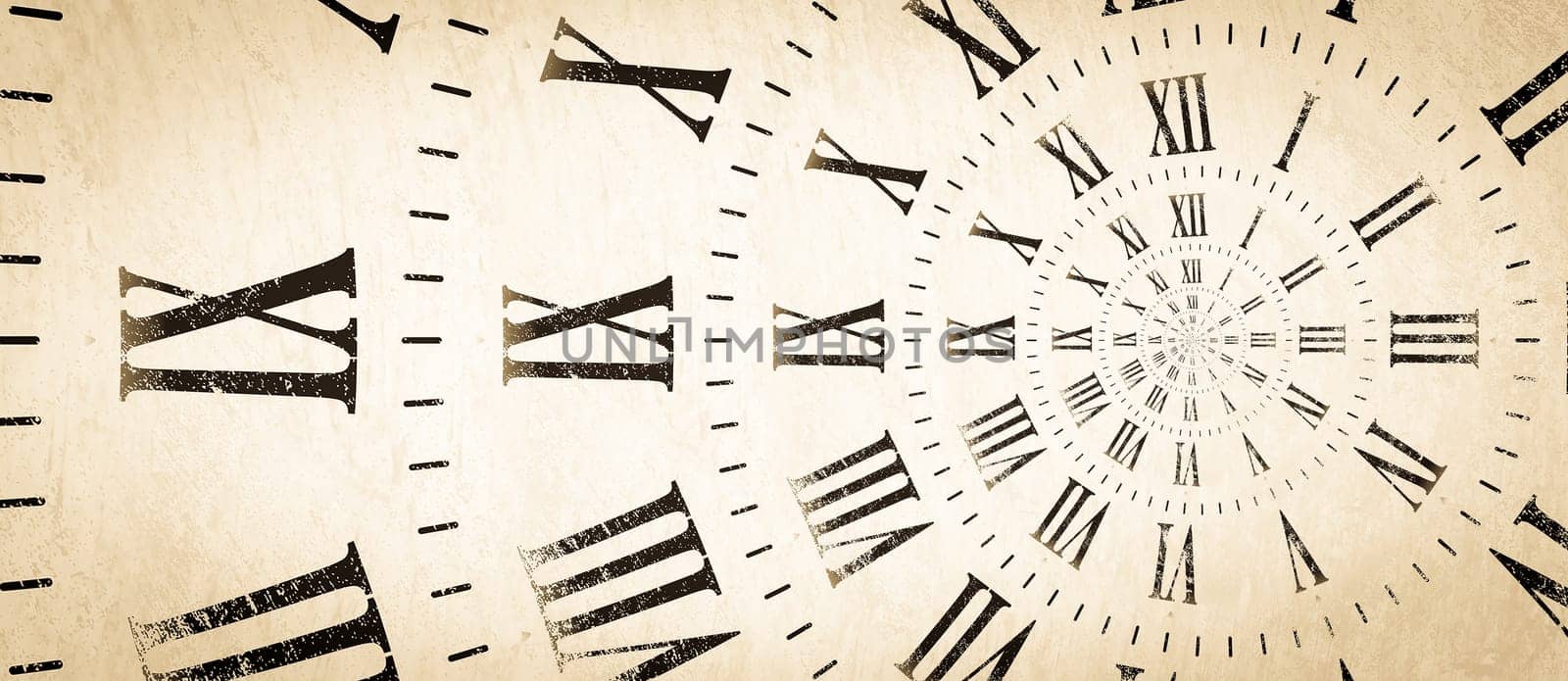 Droste effect background with infinite clock spiral. Abstract design for concepts related to time and deadline.