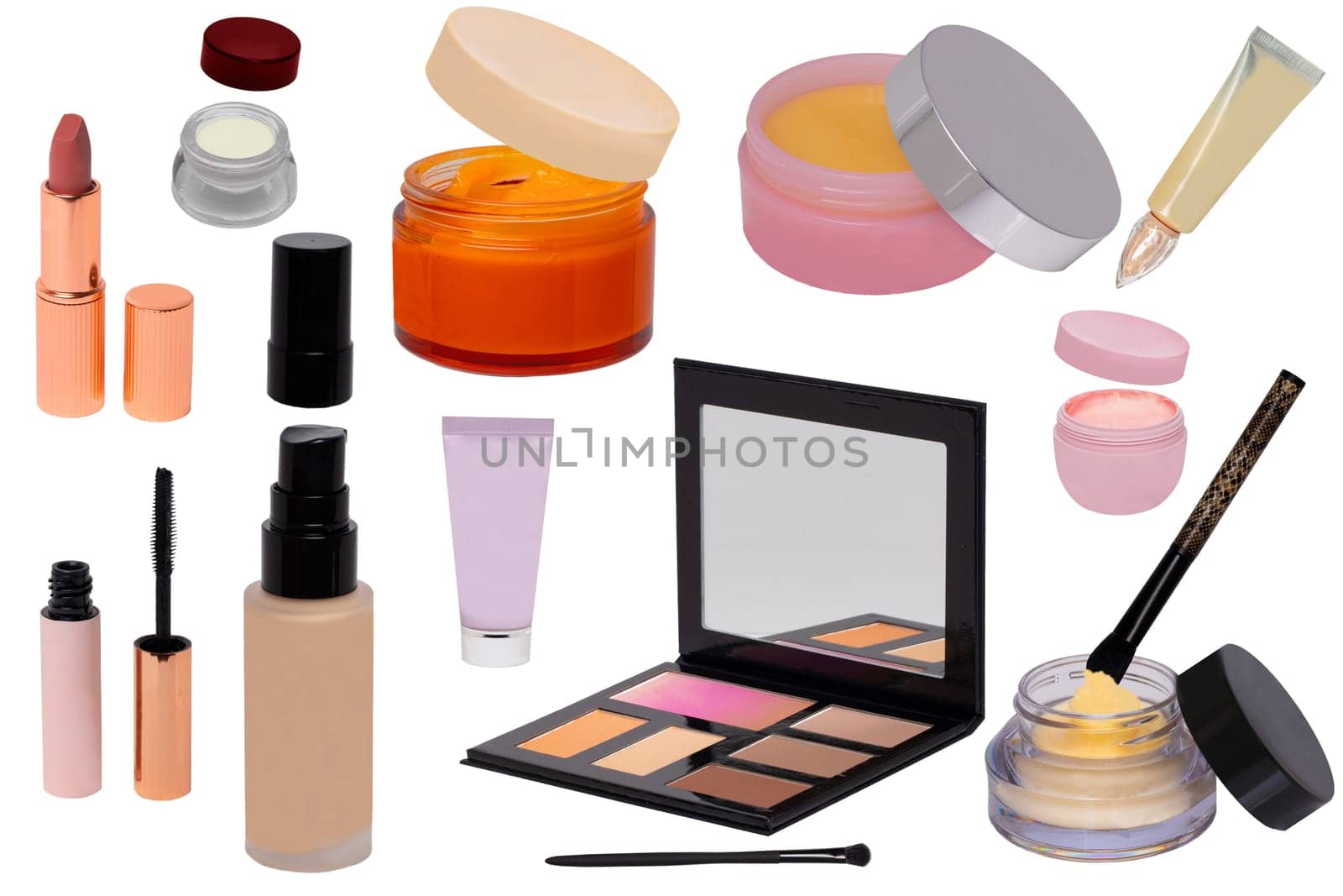 Collage of make up cosmetics and tools. Set of make up brush, lipsticks, skin care products, eye shadows powder, creames for face and other beauty accessories isolated on a white background.
