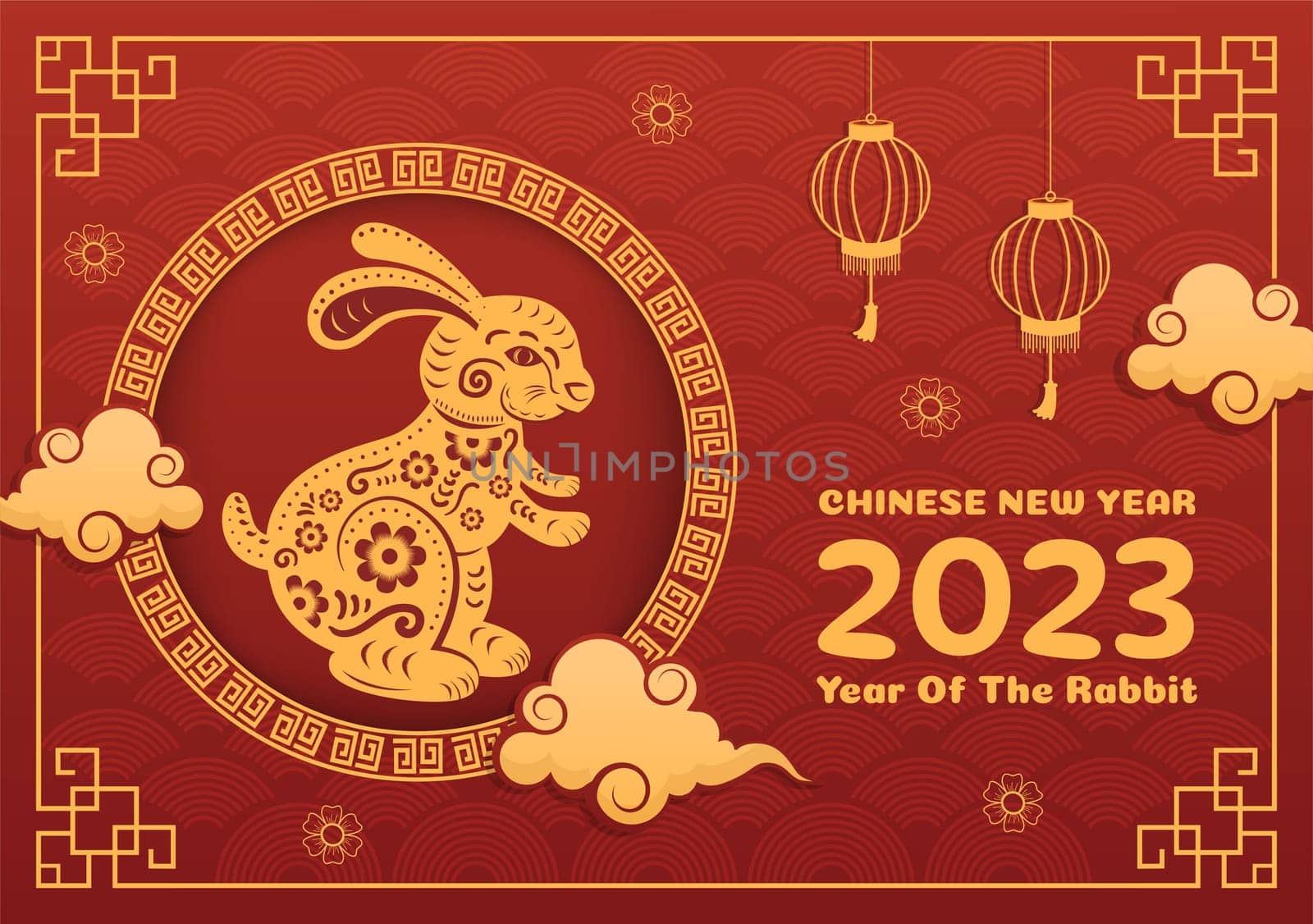 Chinese Lunar New Year 2023 Day of the Rabbit Zodiac Sign Template Hand Drawn Cartoon Flat Illustration with Flower, Lantern and Red Color Background