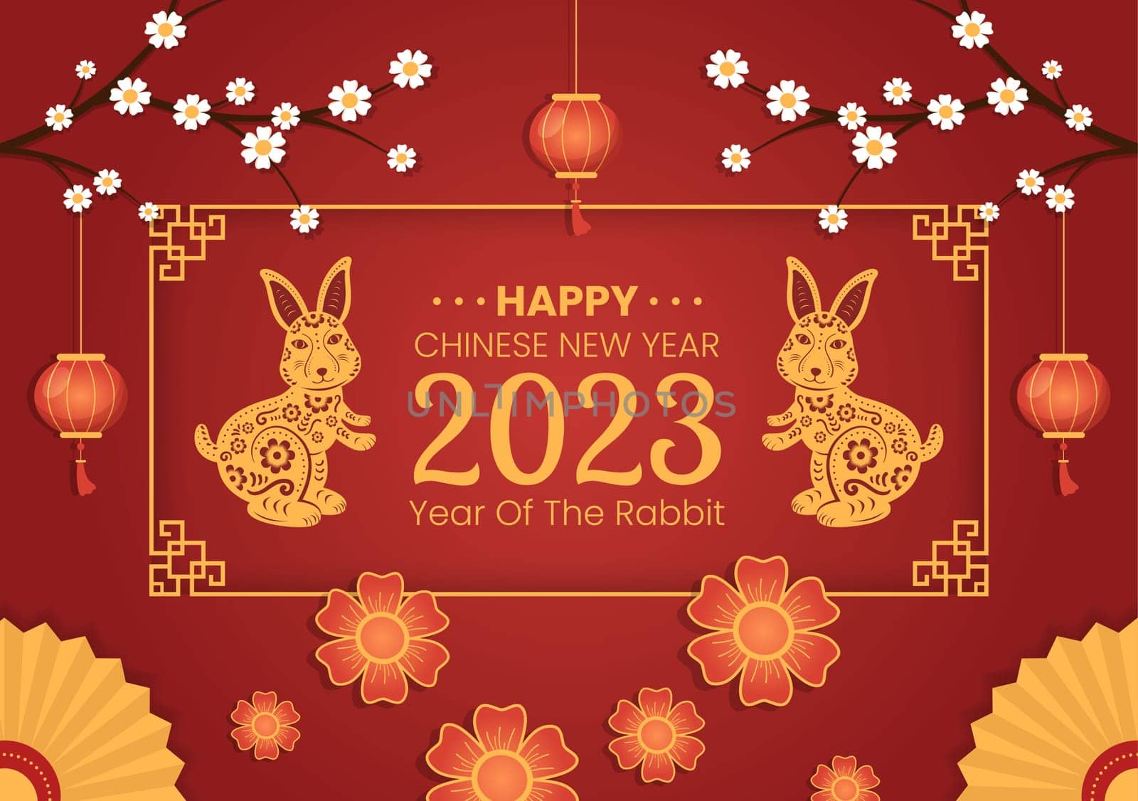 Chinese Lunar New Year 2023 Day of the Rabbit Zodiac Sign Template Hand Drawn Cartoon Flat Illustration with Flower, Lantern and Red Color Background