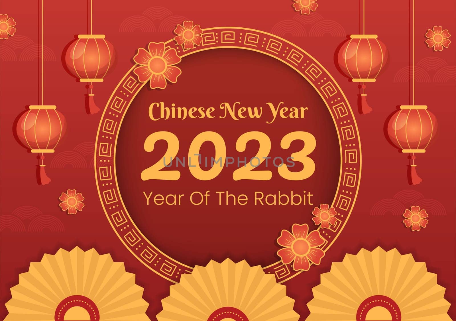 Chinese Lunar New Year 2023 Day of the Rabbit Zodiac Sign Template Hand Drawn Cartoon Flat Illustration with Flower, Lantern and Red Color Background