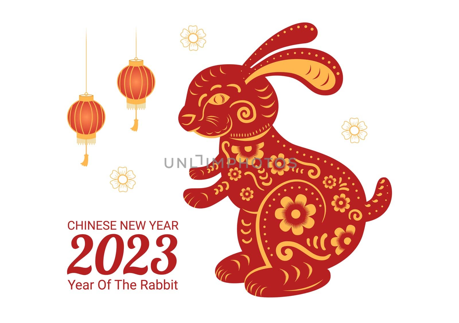 Chinese Lunar New Year 2023 Day of the Rabbit Zodiac Sign Template Hand Drawn Cartoon Flat Illustration with Flower, Lantern and Red Color Background