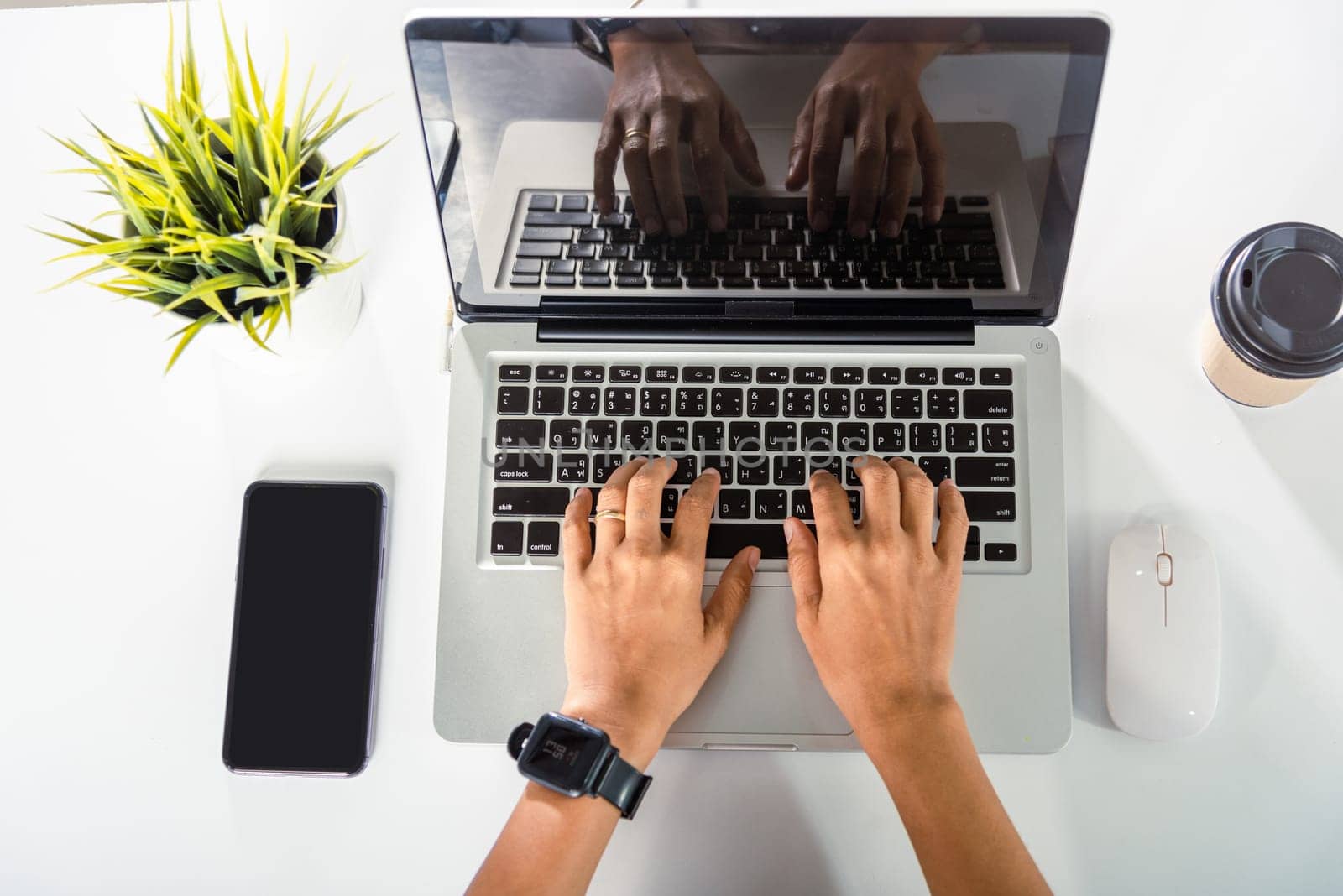 Typing keyboard. Female person text message for new project she remote work on computer, Closeup Hands of business woman over laptop keypad during working at desk, teen chat online with friend