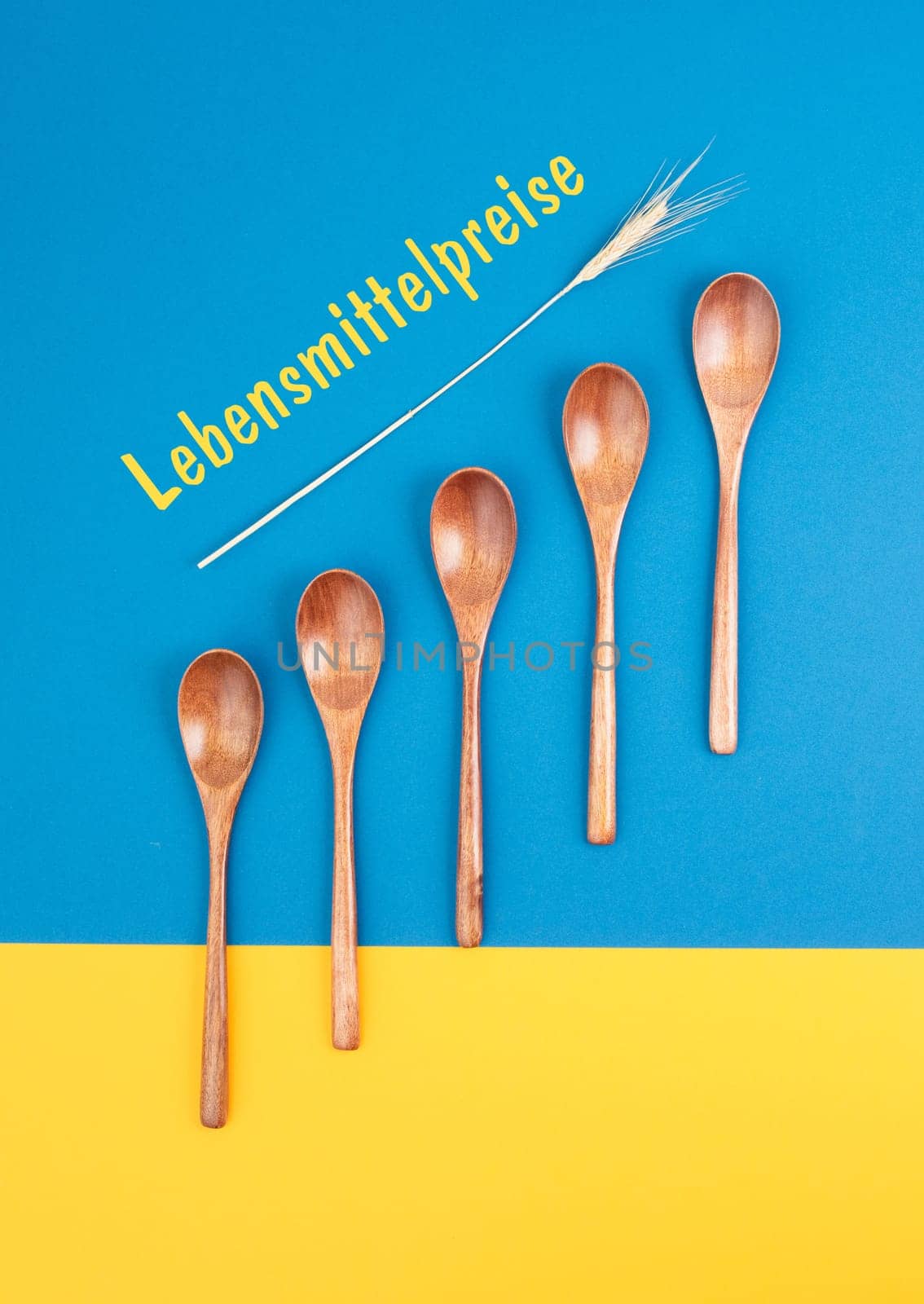 Food crisis with increasing prices and shortages, supply chain problems, inflation causes high living costs, ukrainian colored background,german language