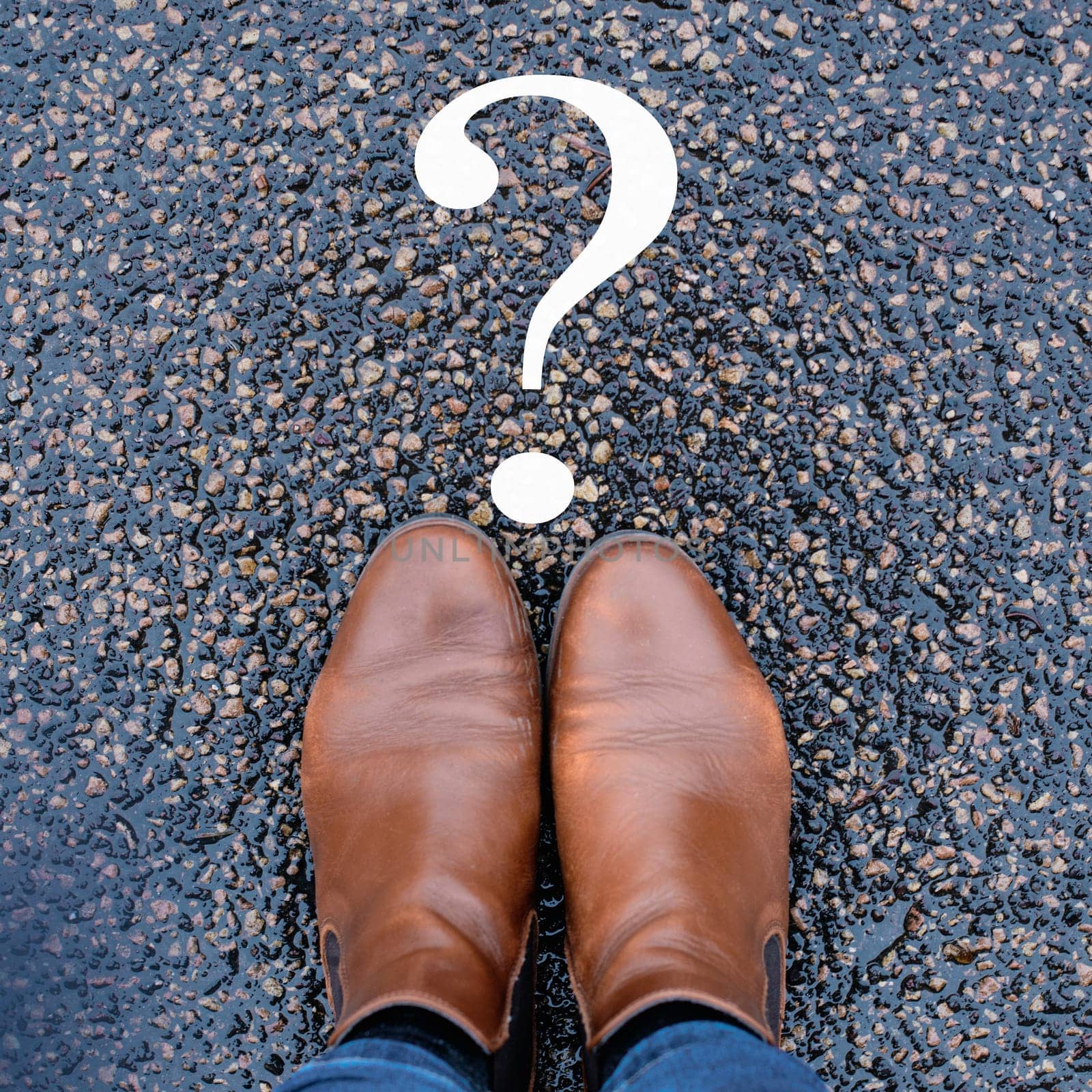 Woman is thinking, question marks on the road, brainstorming and looking for answers, solving a problem, making a decision, business and education concept