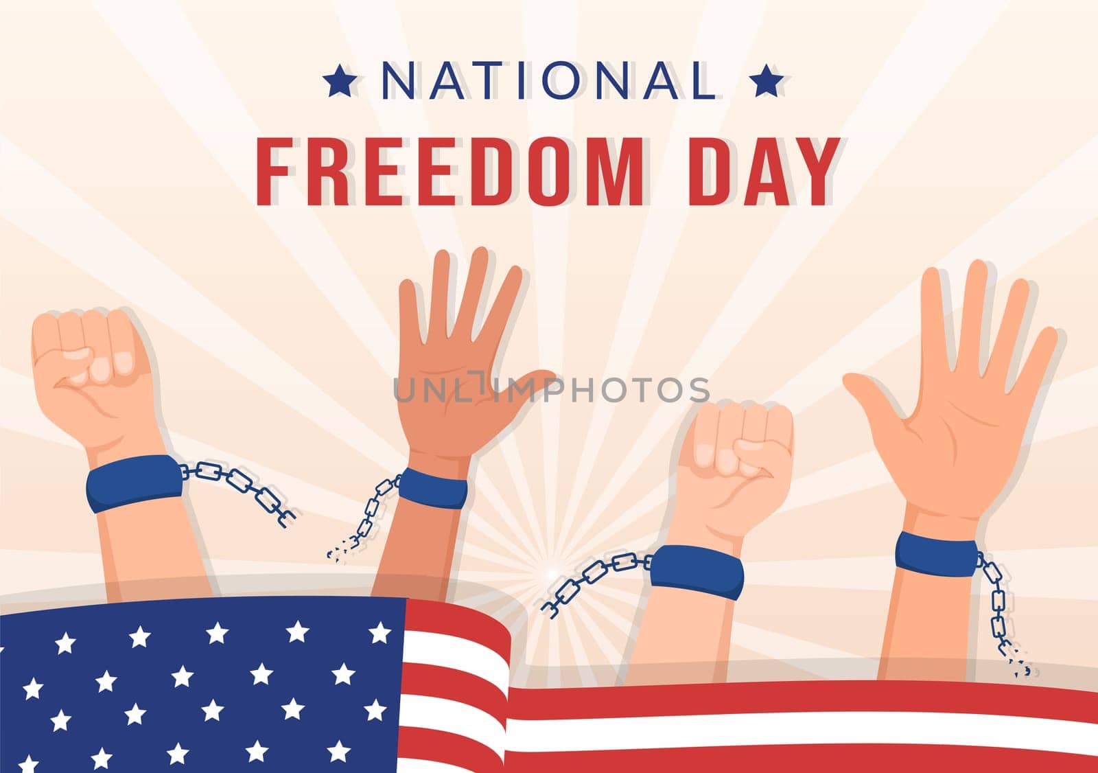 National Freedom Day Template Hand Drawn Cartoon Flat Illustration with American Flag and Hands Breaking a Handcuff Design