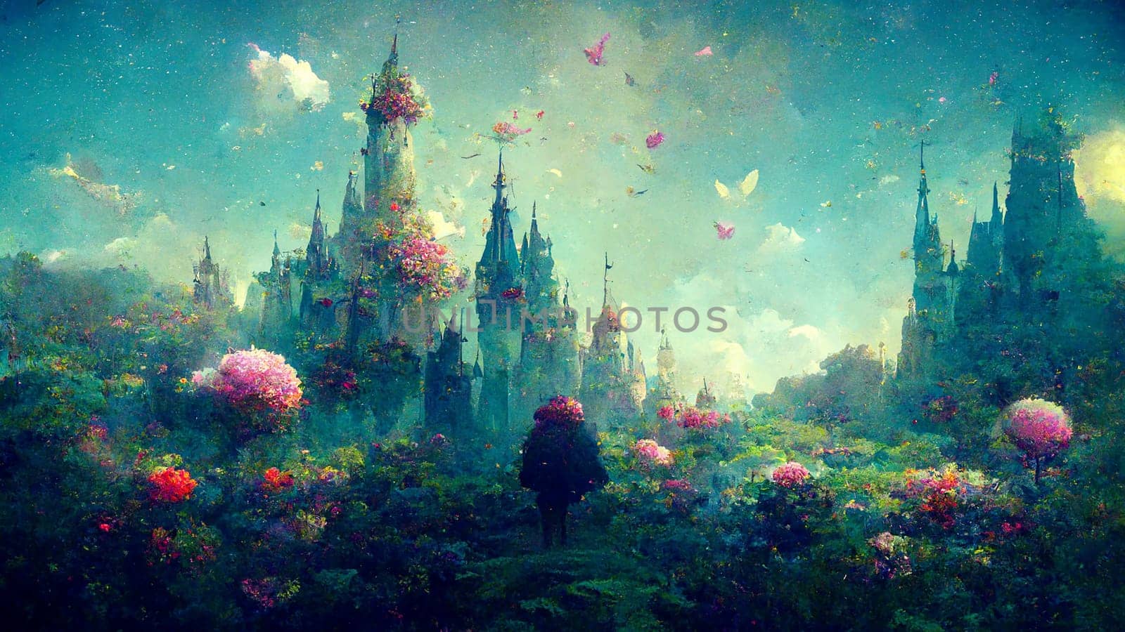 Illustration of a fairytale dreamlike castle in pastel colors, magical and mystical medieval kingdom