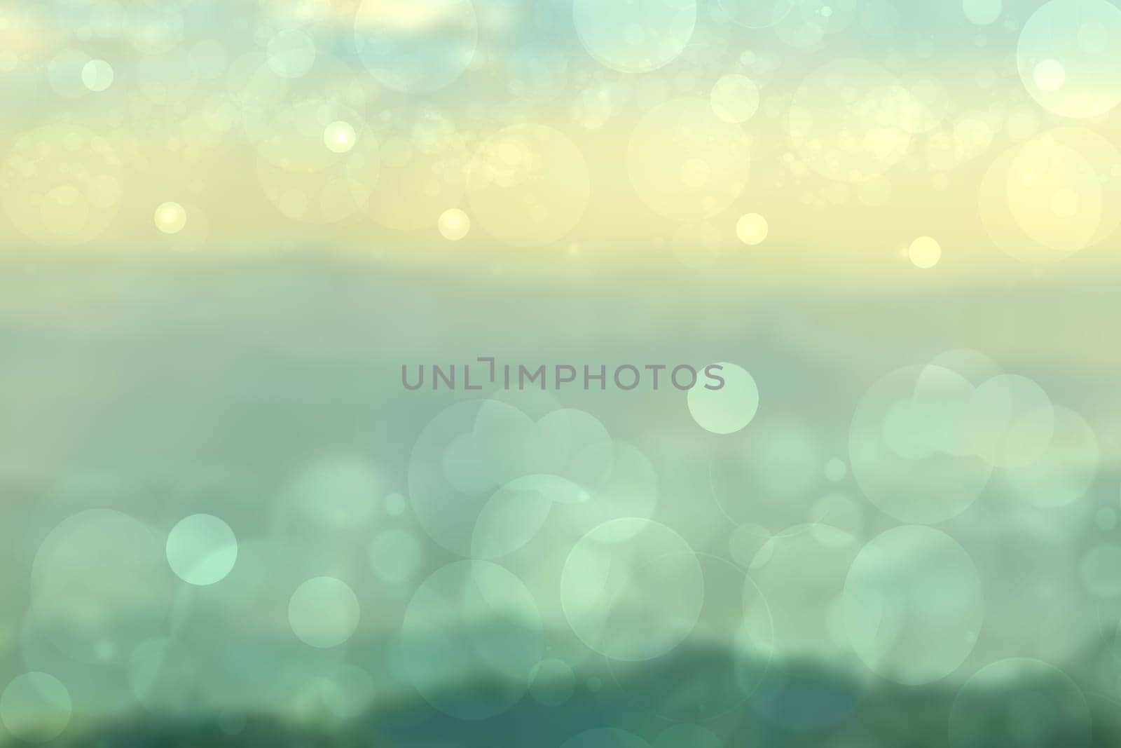 Abstract bright spring or summer landscape texture with natural green bokeh lights and yellow circular lights with sunshine and sun rays. Beautiful autumn background with copy space.
