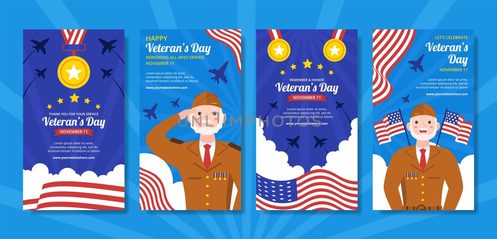 Happy Veterans Day Social Media Stories Template Hand Drawn Cartoon Flat Illustration