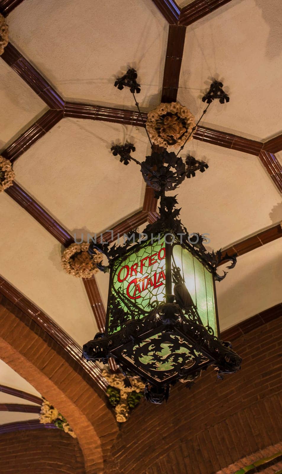 Barcelona, Spain - Dec 29th, 2019: Palace of Catalan Music or Palau de la Musica Catalana. Cafe building. Lantern
