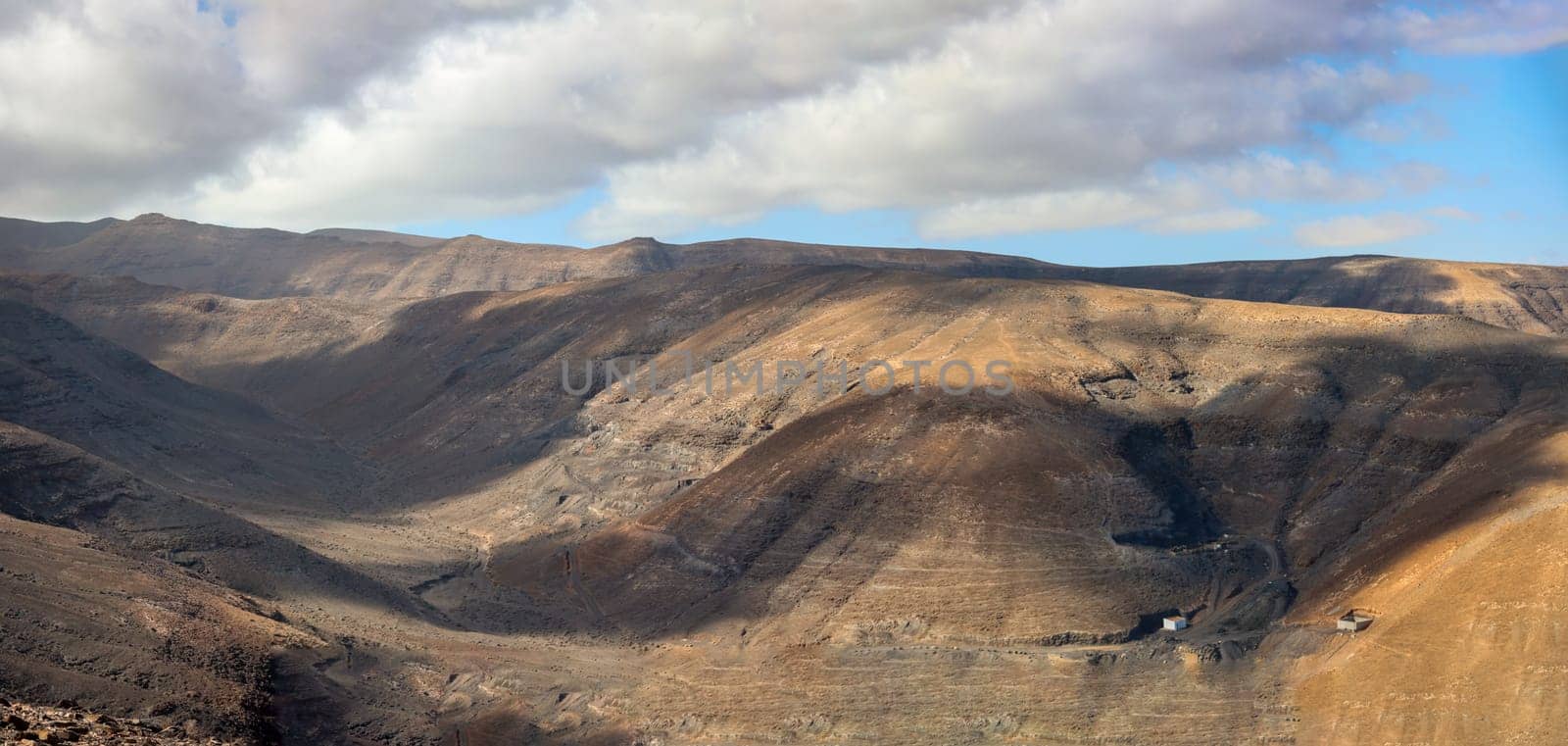 View over a landscape formed by volcanoes on Fuerteventura.
