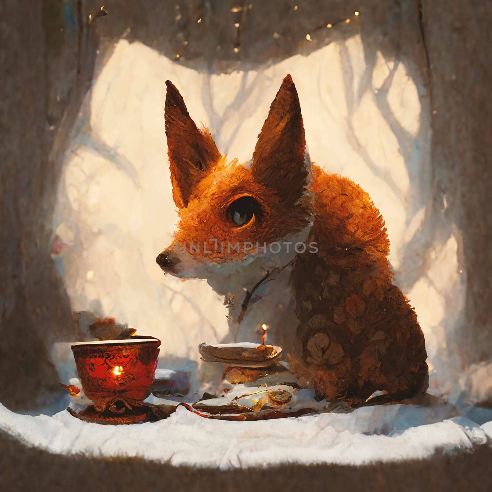 Illustration of a fox sitting in the forest dan and drinking a cup of hot tea, autumn and winter season, candle light