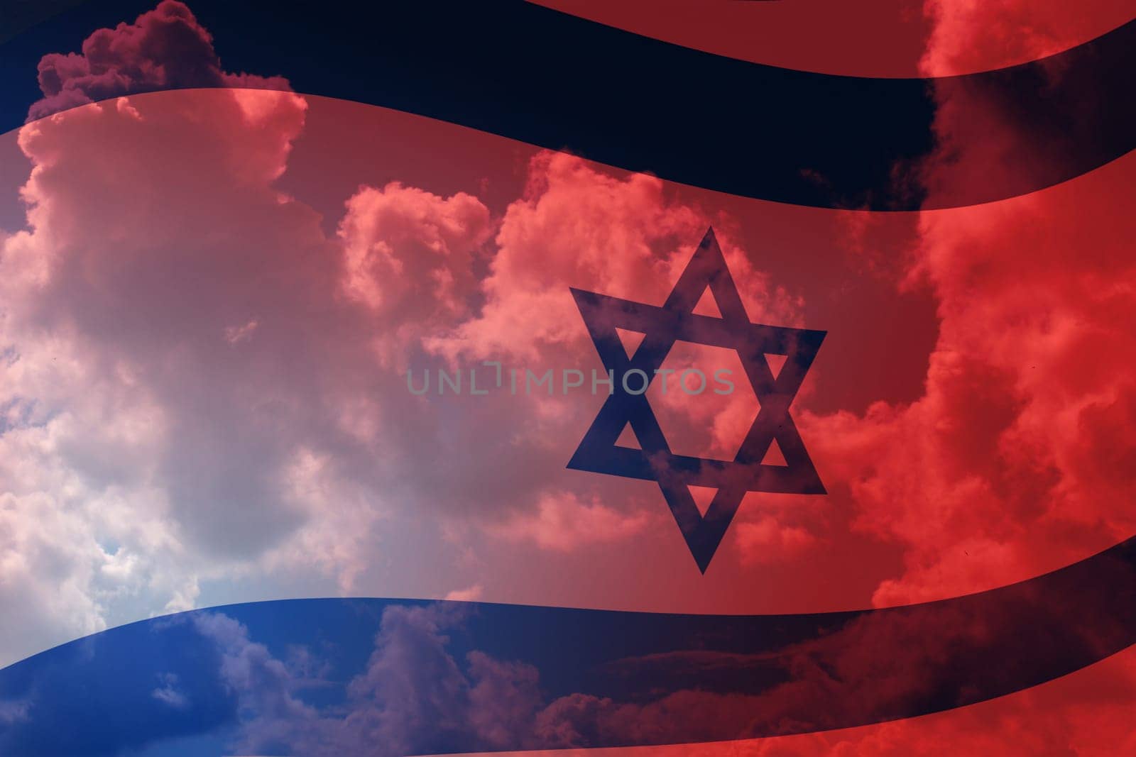The national flag of Israel against a blue and red sky.