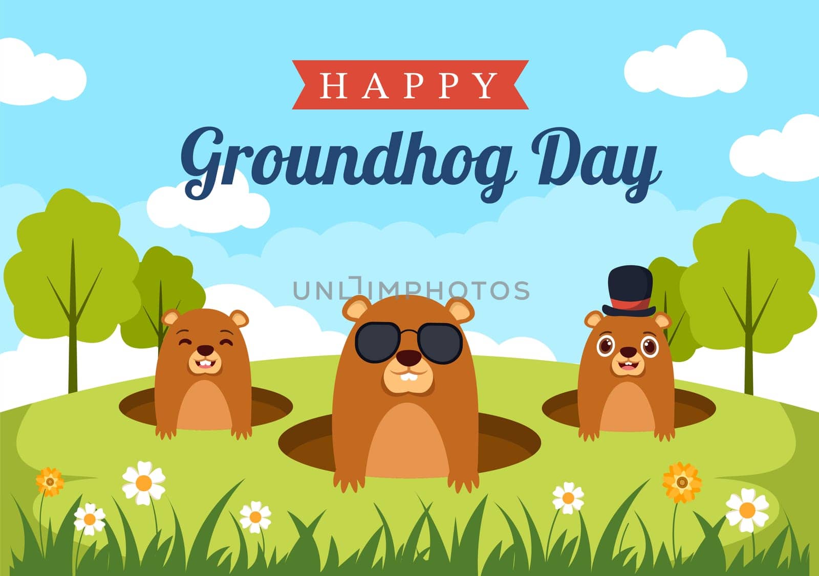 Happy Groundhog Day on February 2 with Cute Marmot Character and Garden Background Template Hand Drawn Cartoon Flat Illustration