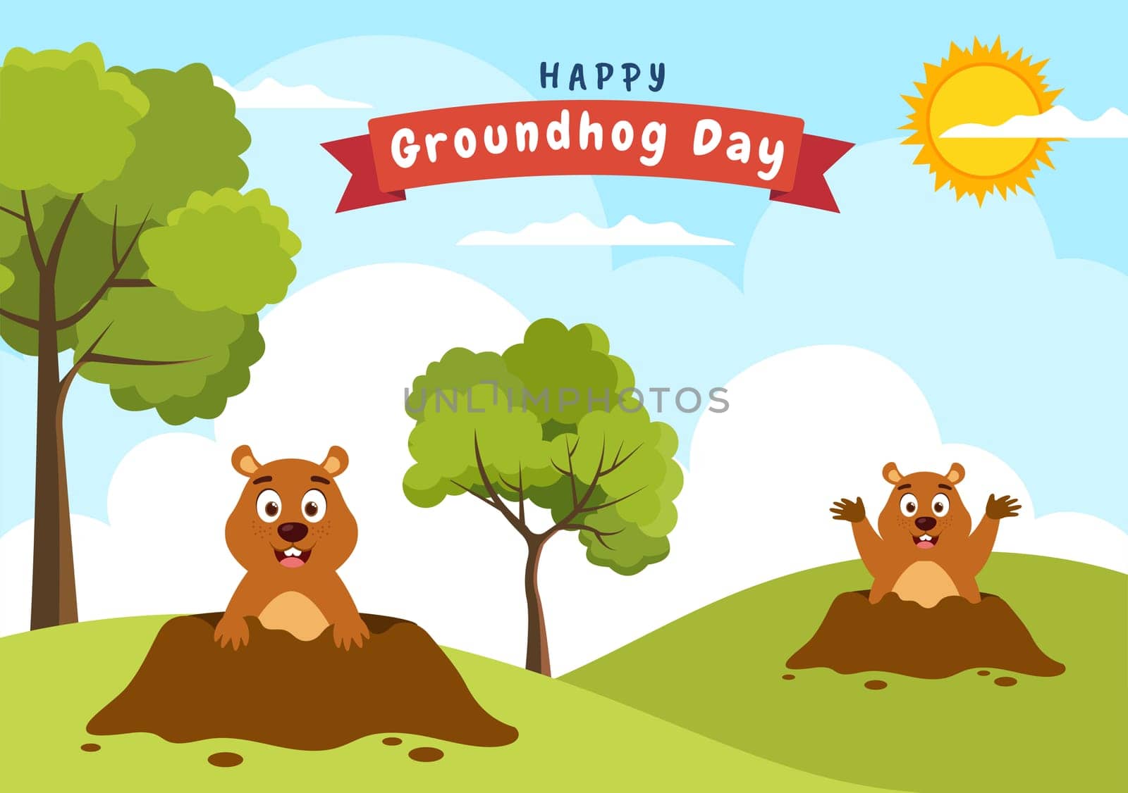 Happy Groundhog Day on February 2 with Cute Marmot Character and Garden Background Template Hand Drawn Cartoon Flat Illustration