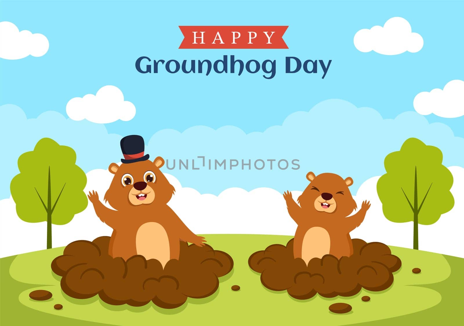 Happy Groundhog Day on February 2 with Cute Marmot Character and Garden Background Template Hand Drawn Cartoon Flat Illustration
