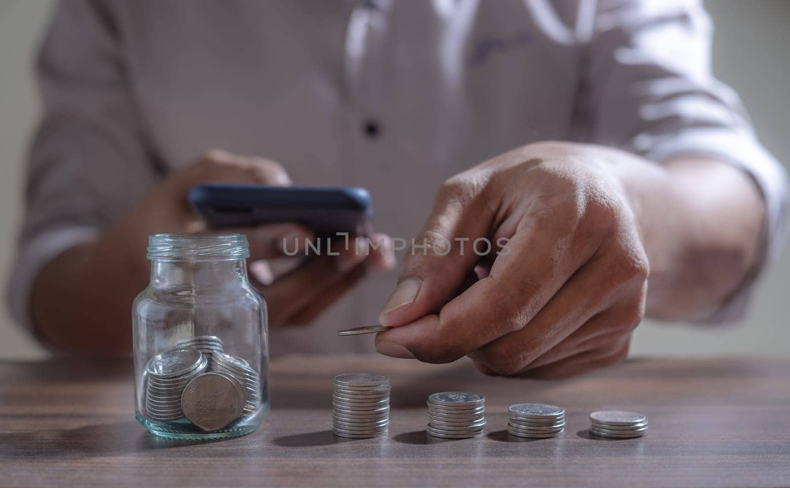 Save money and account banking for finance concept, Piggy bank with coin on blurred background, Save Monney for Investors Using Internet to Trade Stocks or Trade Fund