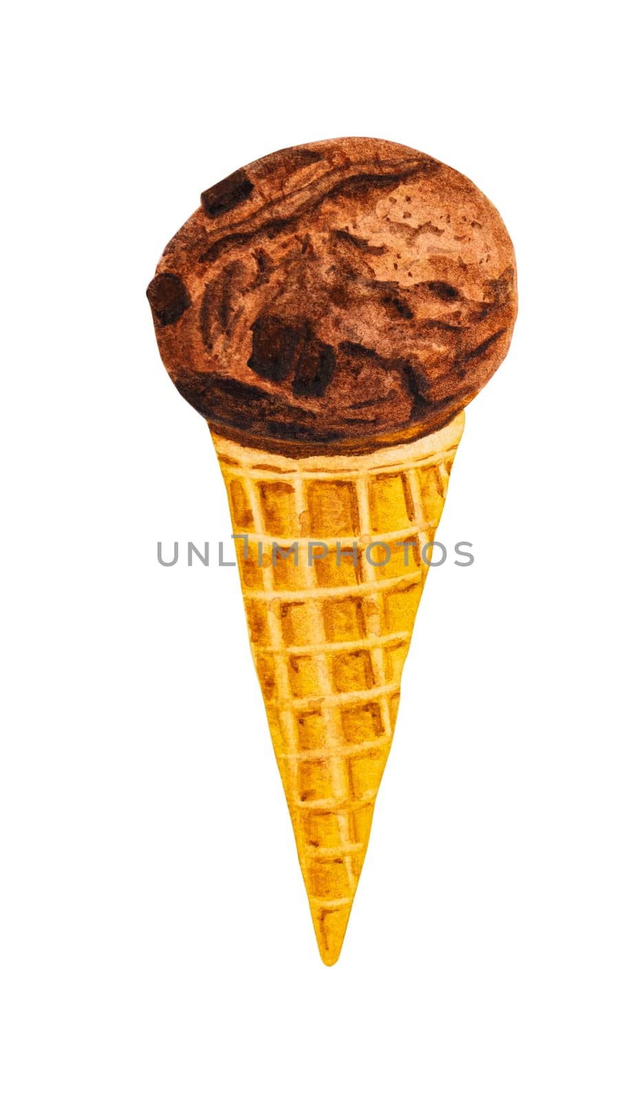 Chocolate ice cream scoop in a waffle cone. Watercolor hand drawn illustration isolated on white background