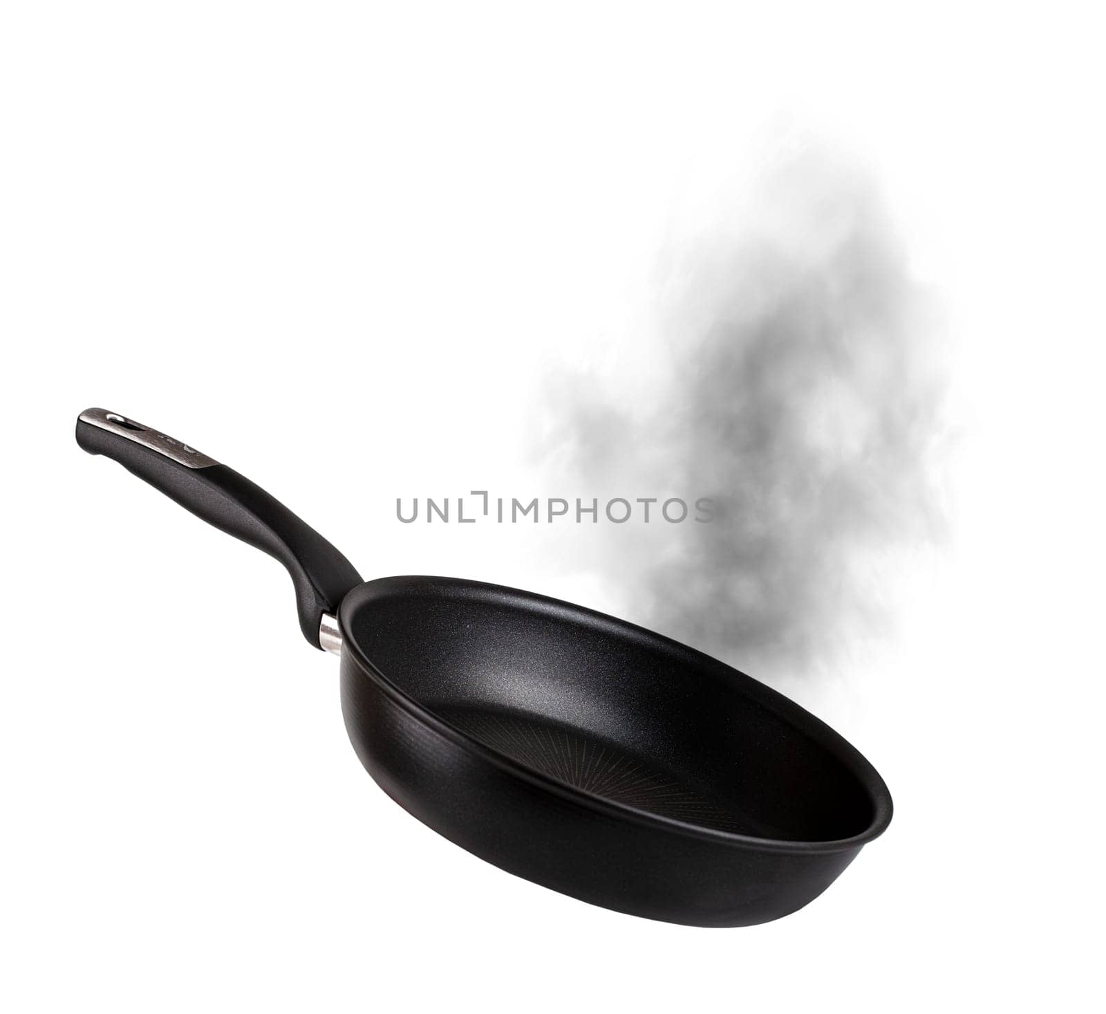 The empty frying pan and smoke isolated on white background