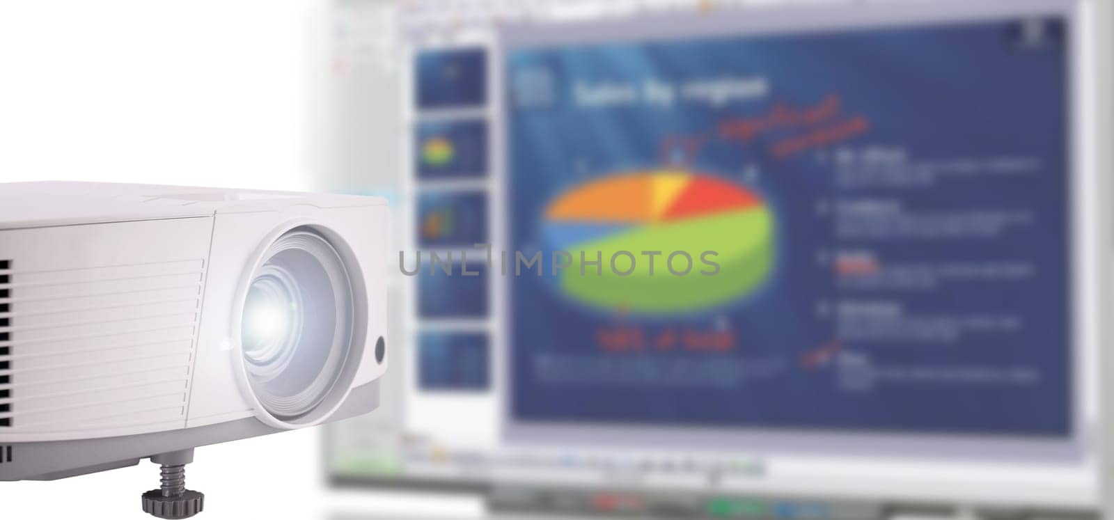 The LCD video projector at business conference or lecture in office background with copy space