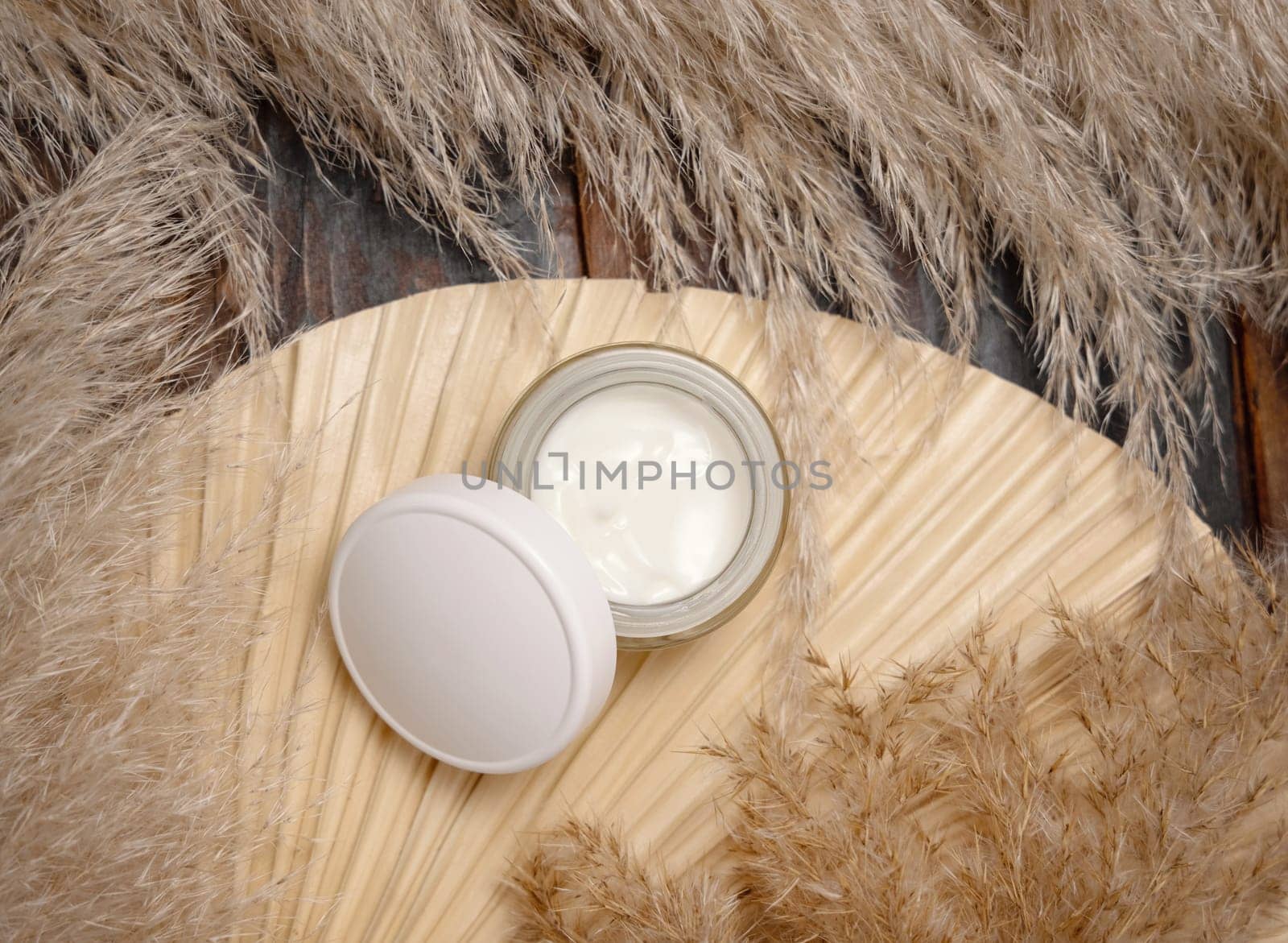 Opened cream jar with a blank lid on dried palm leaf near pampas grass top view, mockup. Skincare beauty product. Bohemian eco friendly cosmetics flat lay with dried leaves on wood.