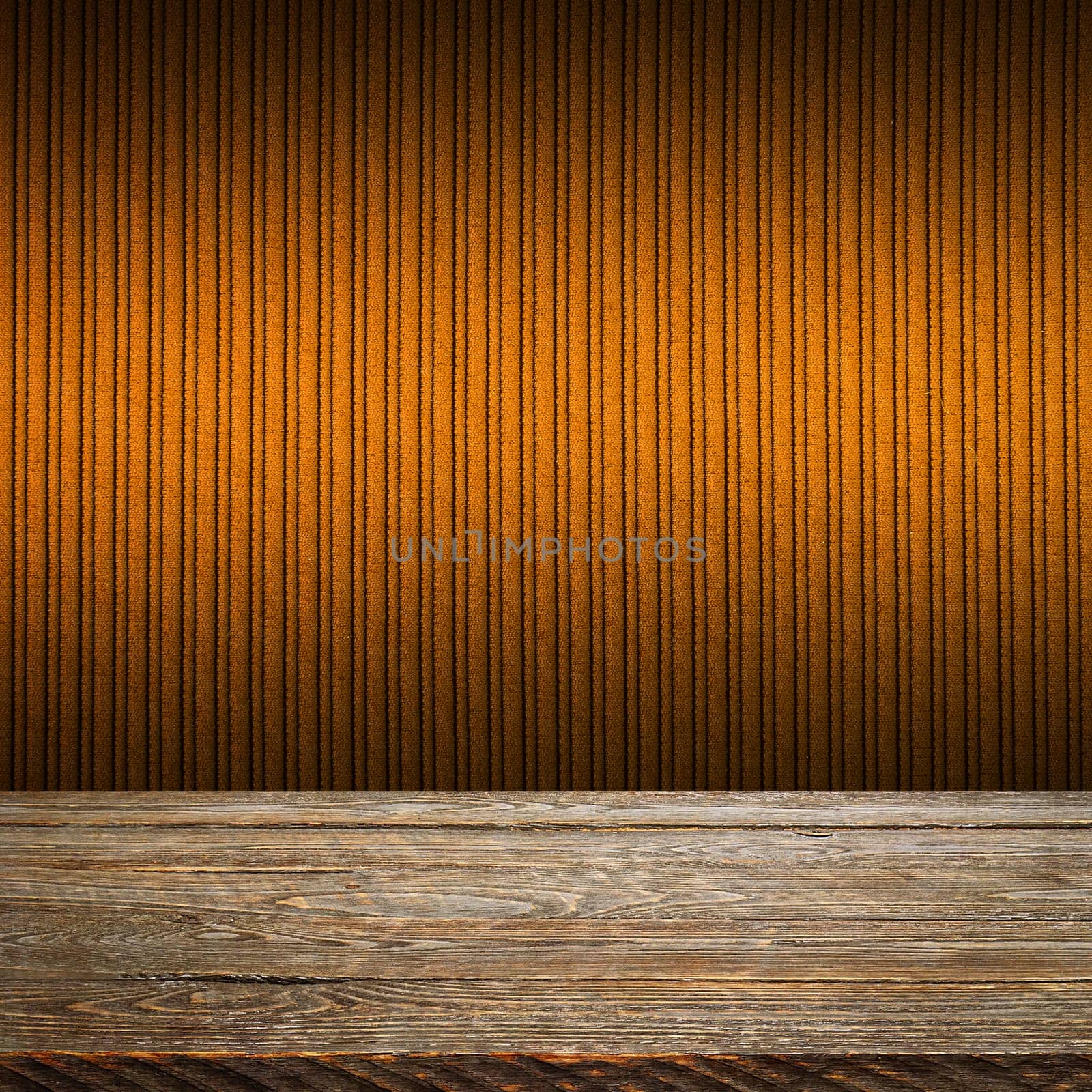 The background is blank wooden boards and a textured striped wall with gradient lighting and vignetting. For product demonstrations, free space, layout, mockup, perspective board, background board.