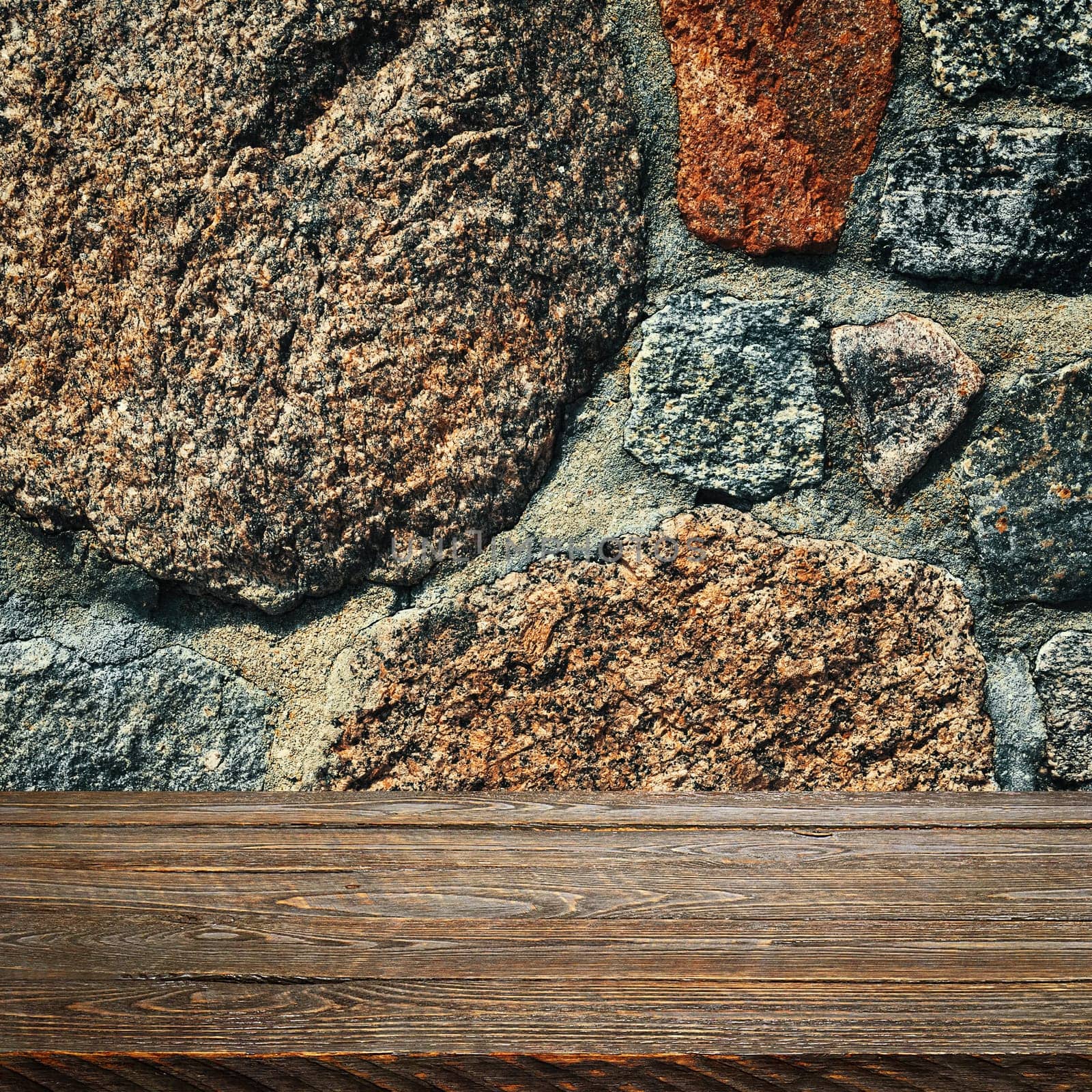 The background is blank wooden boards and a textured stone wall with lighting and vignetting. For product demonstrations, free space, layout, mockup, perspective board, background board.