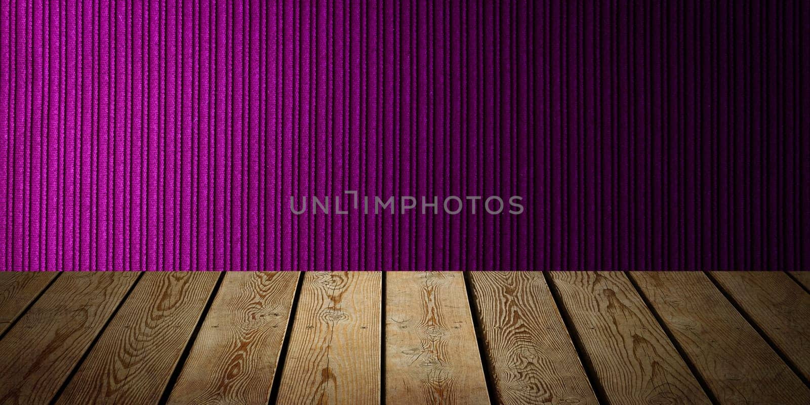 The background is blank wooden boards and a textured striped wall with gradient lighting and vignetting. For product demonstrations, free space, layout, mockup, perspective board, background board.