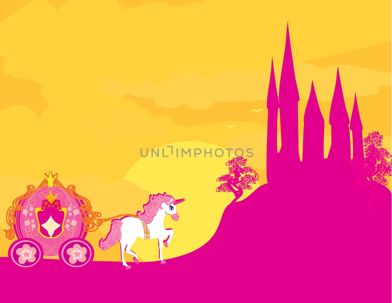 Carriage at sunset. Silhouette of a horse carriage and a medieval castle