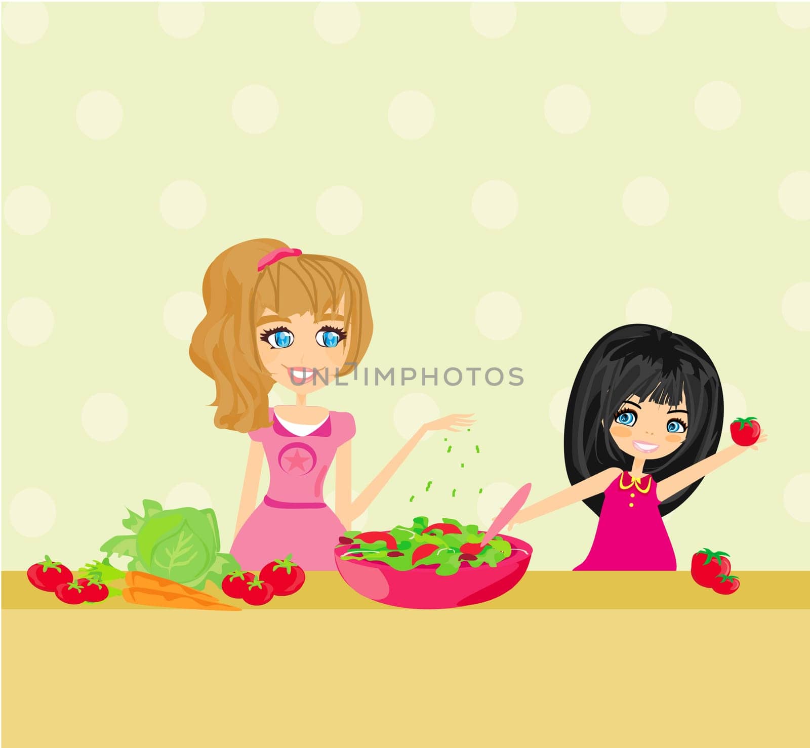 Two smiling kids mixing salad