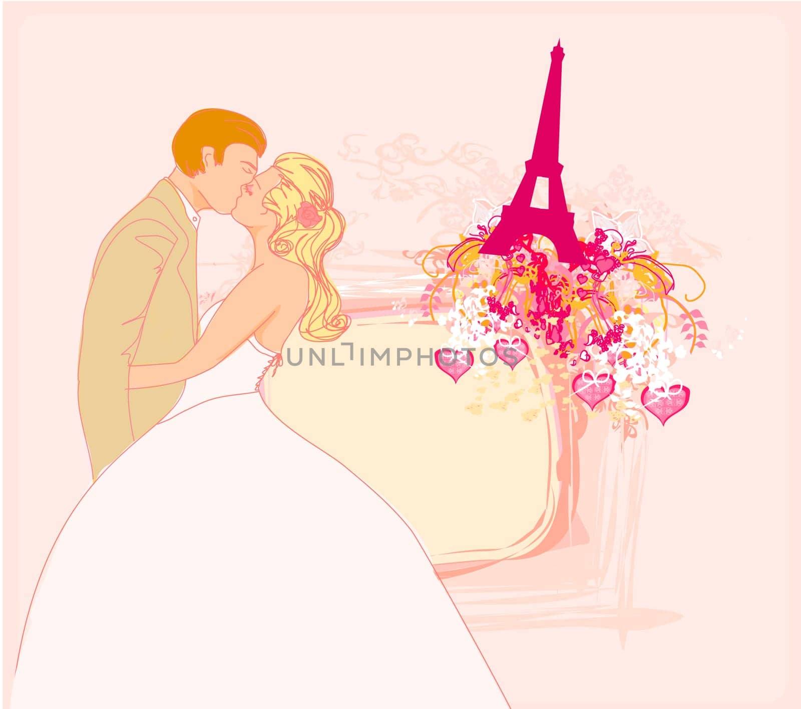 Romantic couple in Paris kissing near the Eiffel Tower